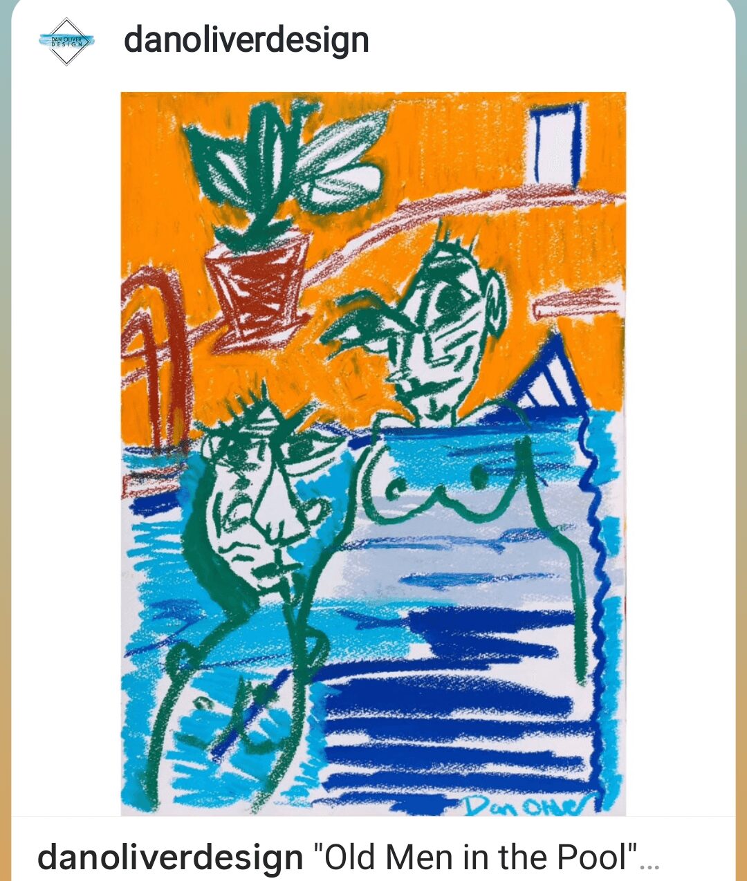 Two abstract figures, one with glasses, in a blue pool with a potted plant and window in background.