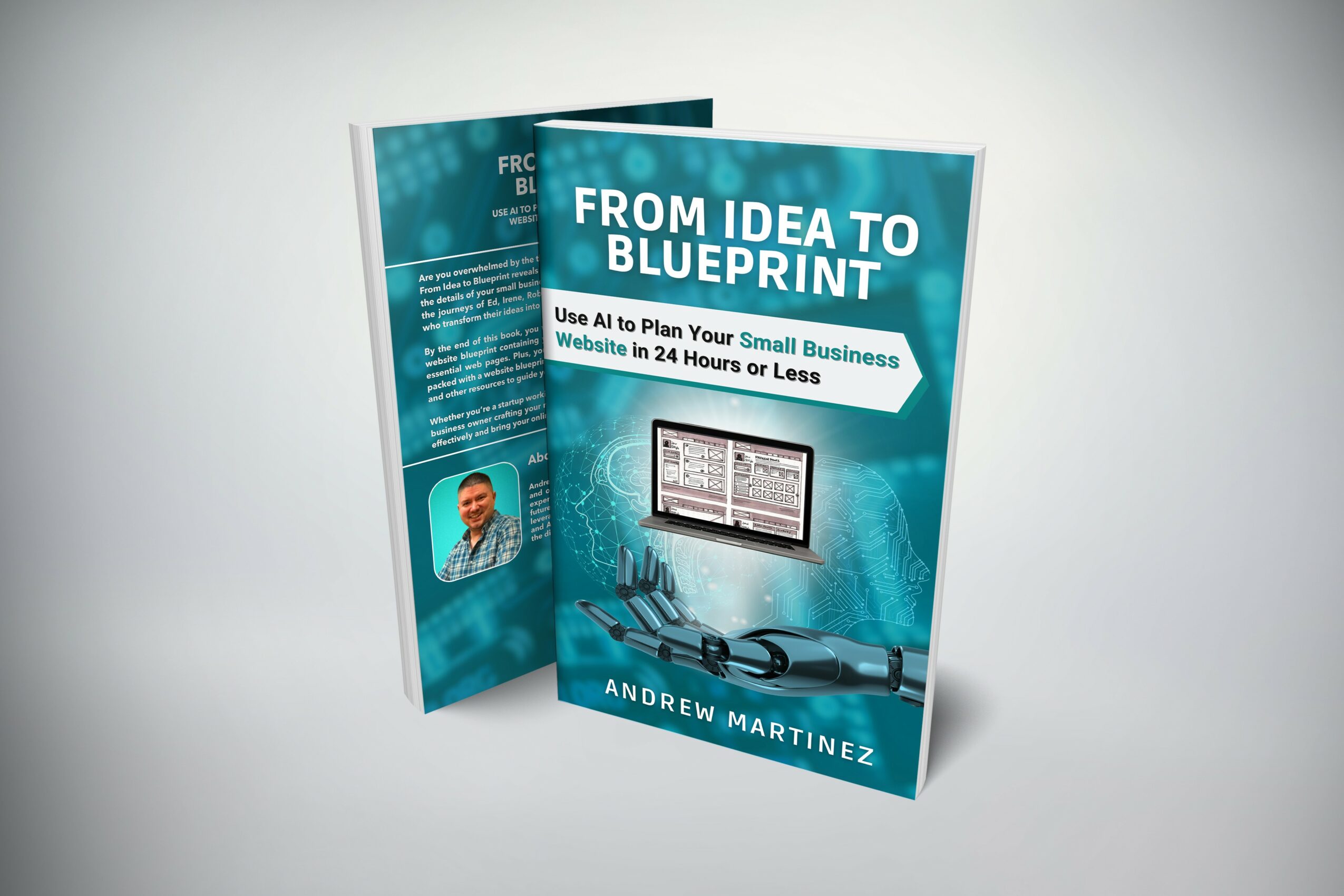Two copies of a book titled 'From Idea to Blueprint' with a blue cover, featuring a computer monitor and a person on the back cover.