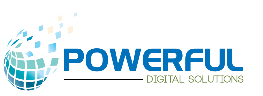 Logo with a globe made of squares and the words 'POWERFUL DIGITAL SOLUTIONS' in blue and green.