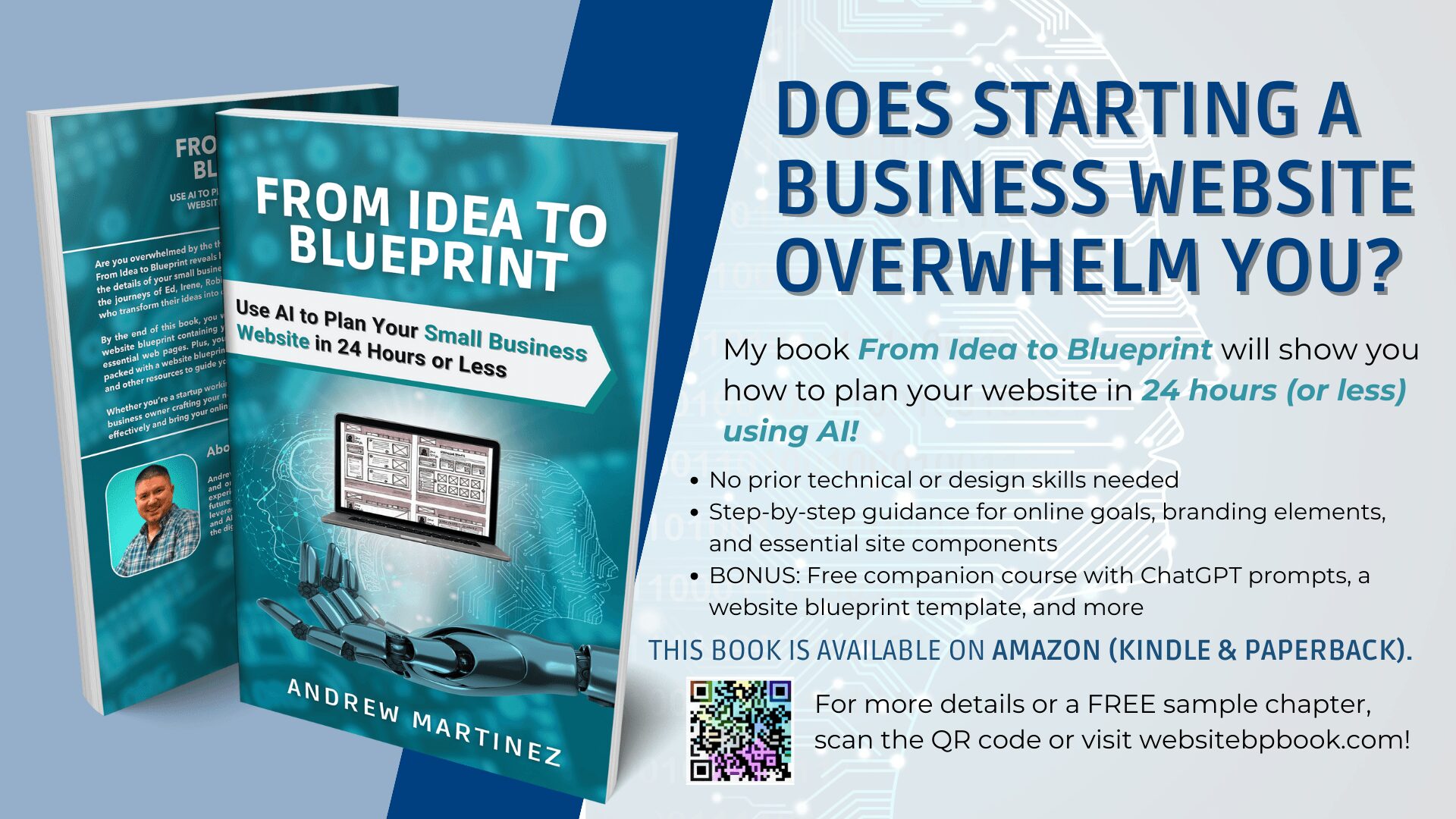 Book cover titled 'From Idea to Blueprint' with text about starting a business website, author name, and additional information.