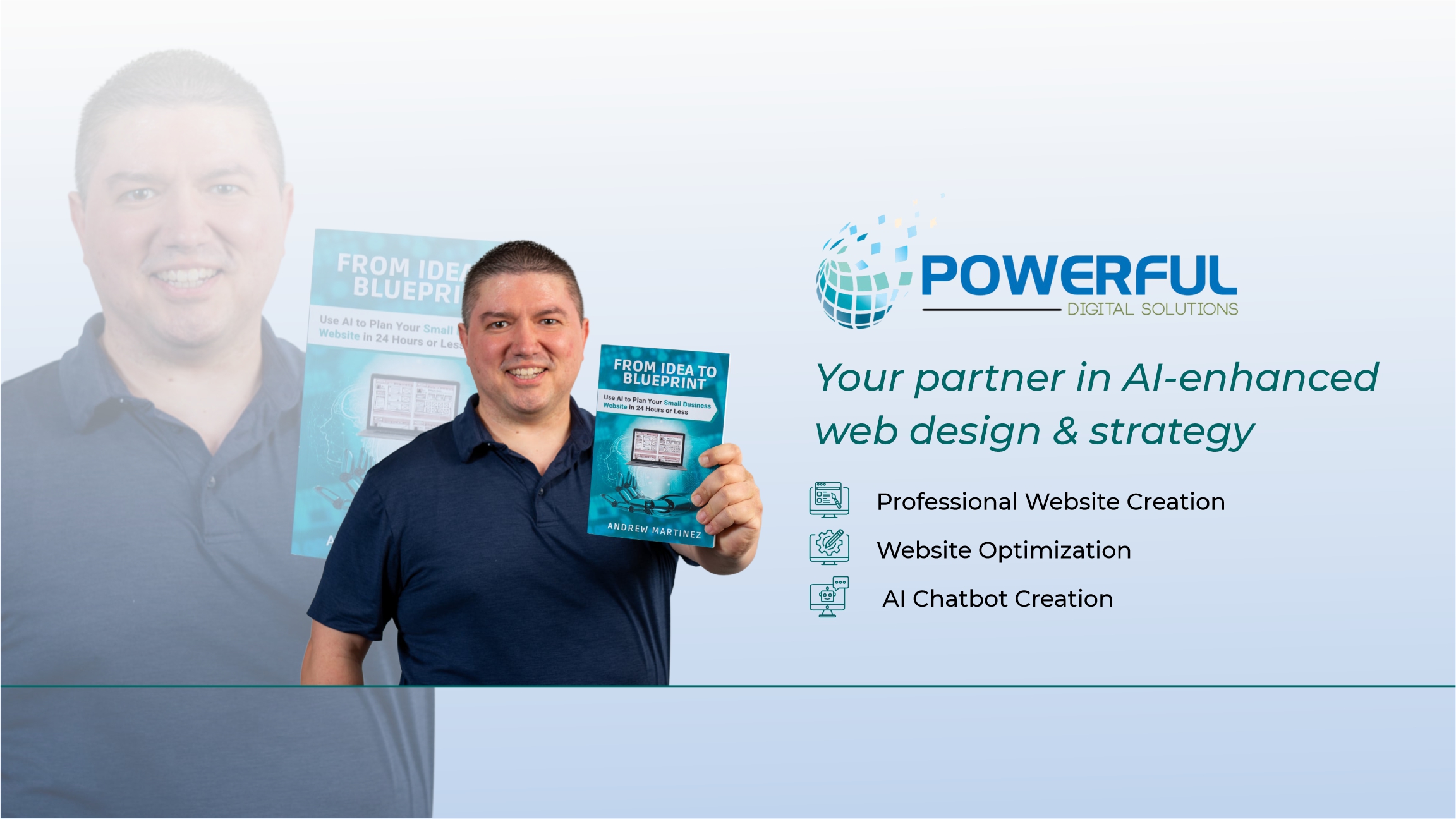 Man holding a brochure, smiling, with a digital background and company logo, promoting AI-enhanced web design services.