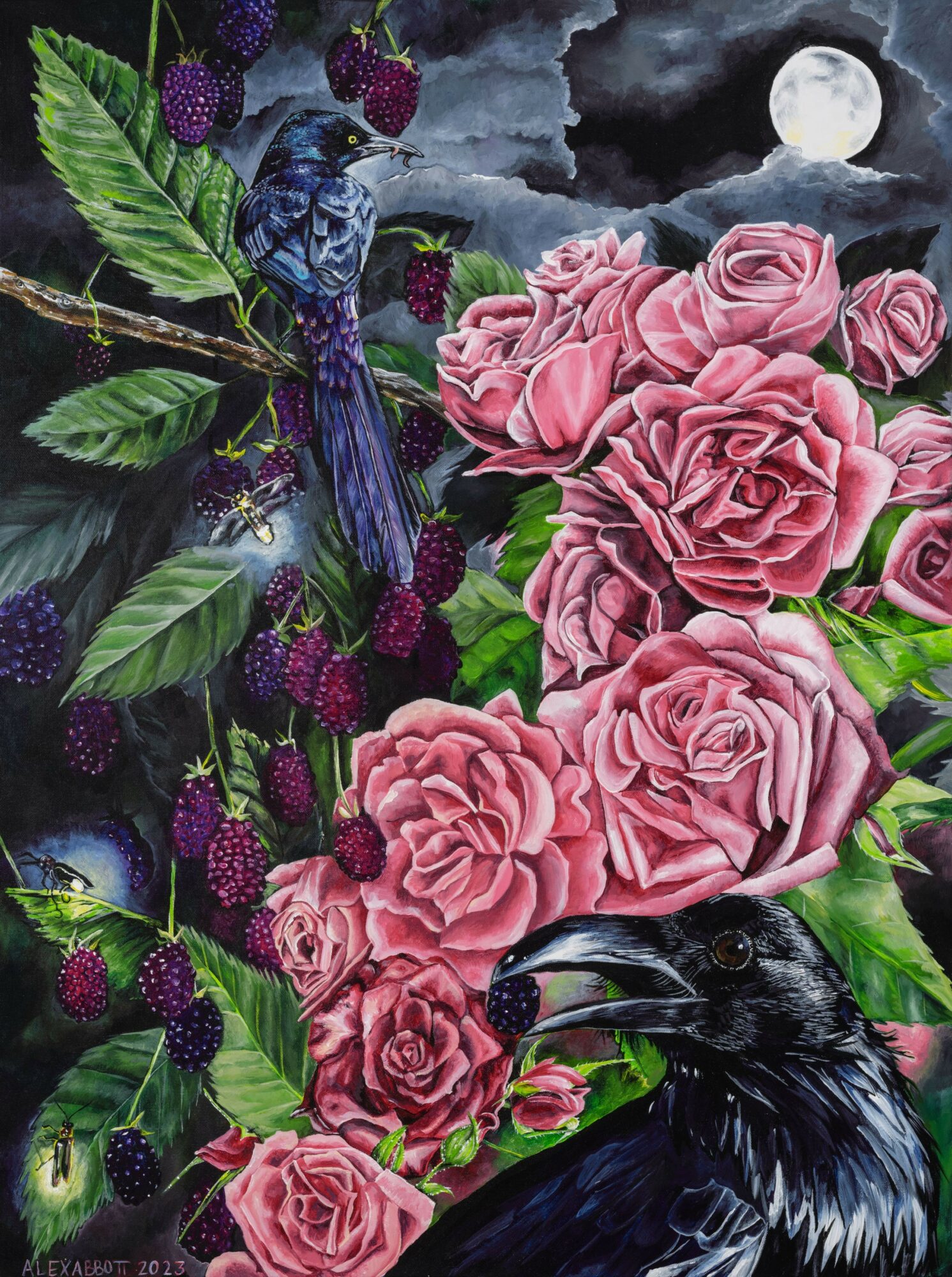 Pink roses, a black bird, berries, leaves, and a full moon in a dark, cloudy sky.