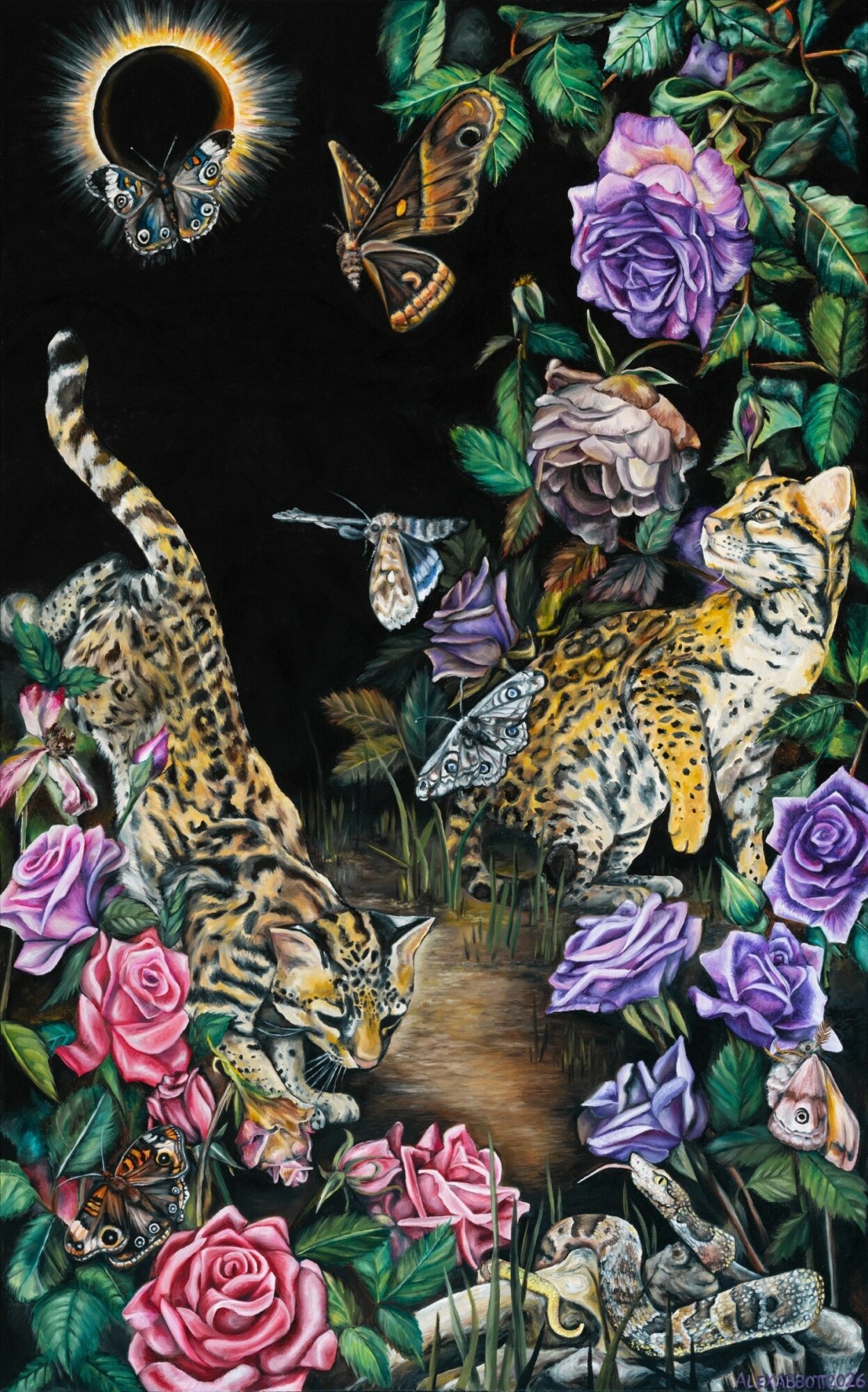 Two leopards among colorful roses and butterflies in a lush garden scene.