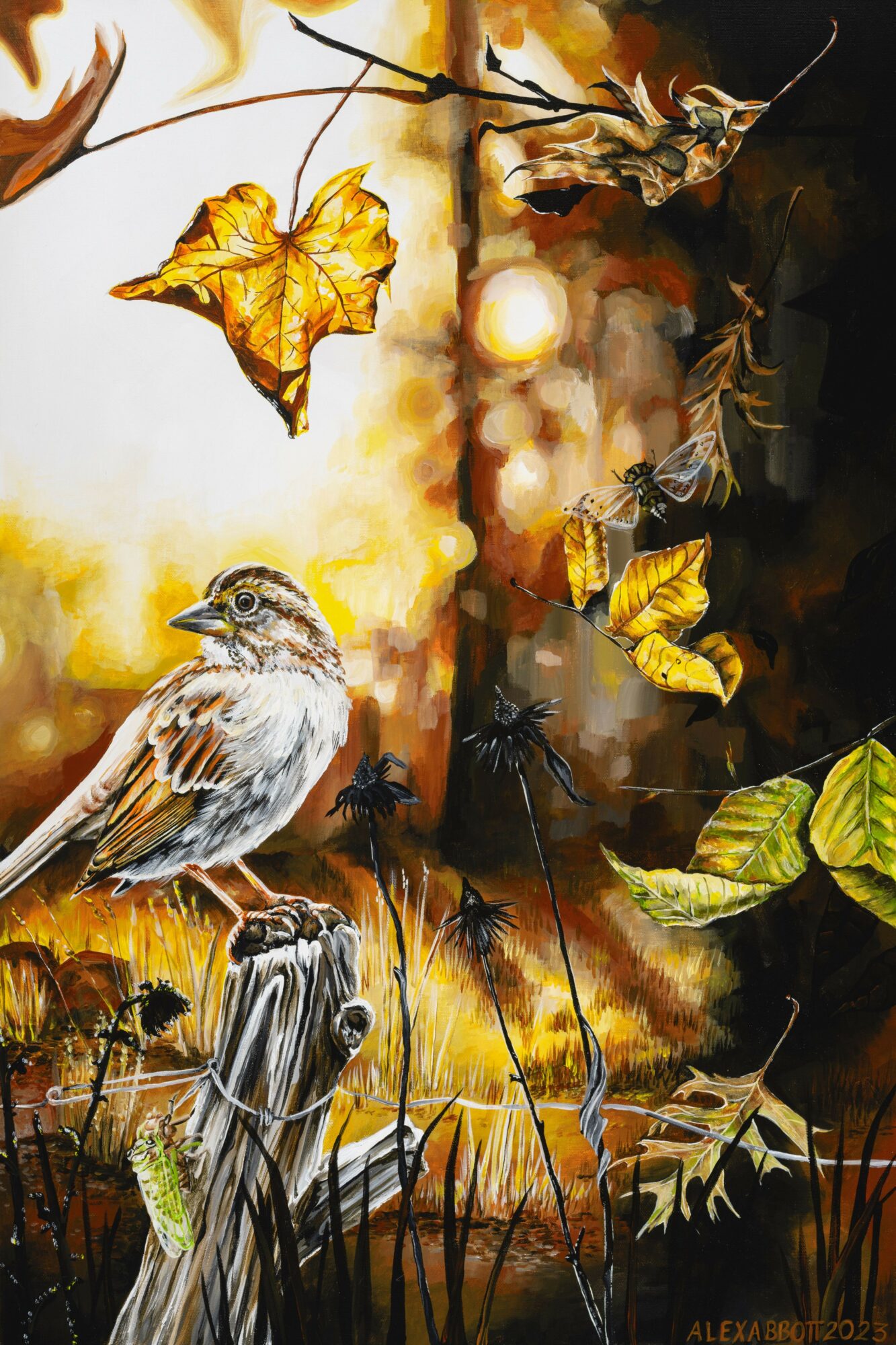 Bird perched on a branch with autumn leaves, surrounded by trees and warm sunlight in a forest scene.