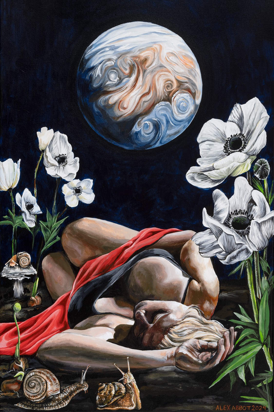 Person lying on ground surrounded by white flowers with Earth in space above, dark background, red cloth draped over body.