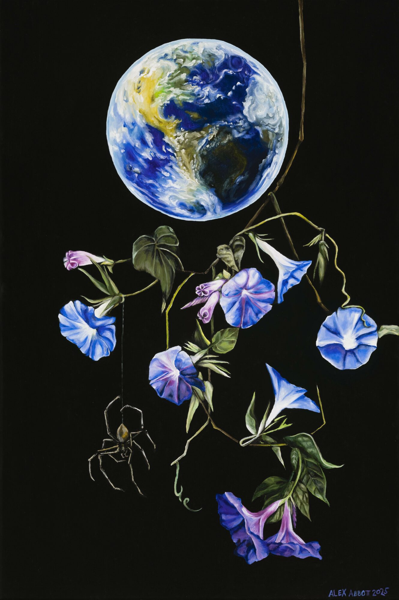 Earth hanging above a vine with morning glory flowers against a black background.