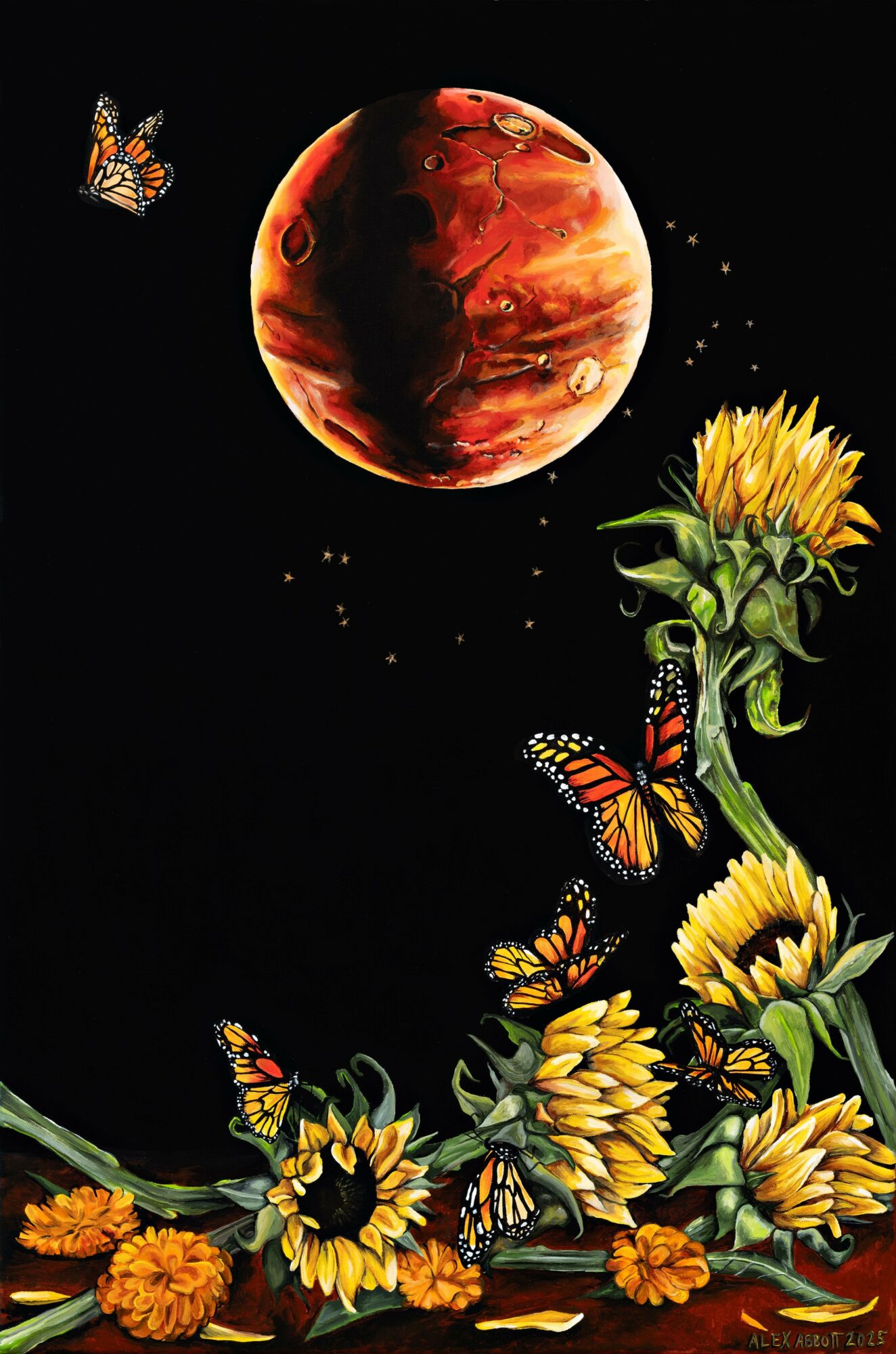 Planet with swirling red and orange clouds, surrounded by sunflowers and butterflies against a black background.