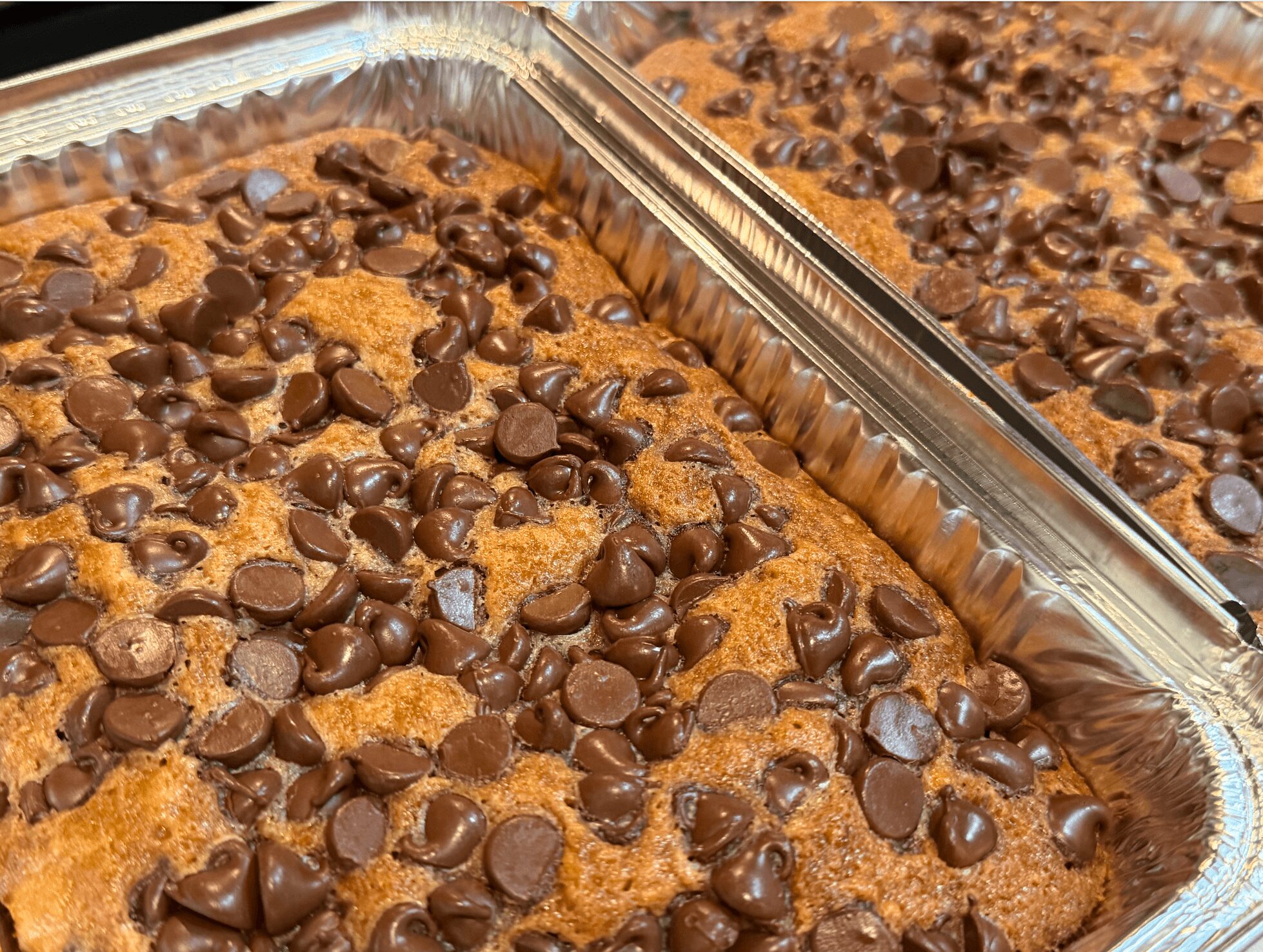 Baked dessert with chocolate chips in a metal tray, topped with evenly distributed chocolate chips.
