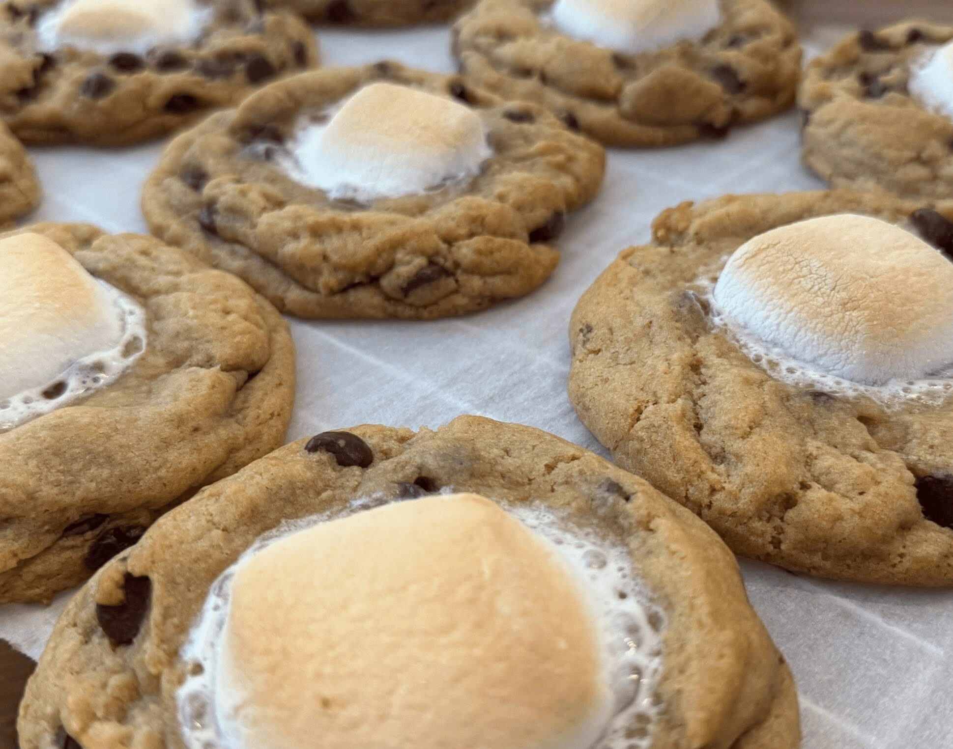 Cookies with marshmallows on top, some with chocolate chips, arranged on a surface.