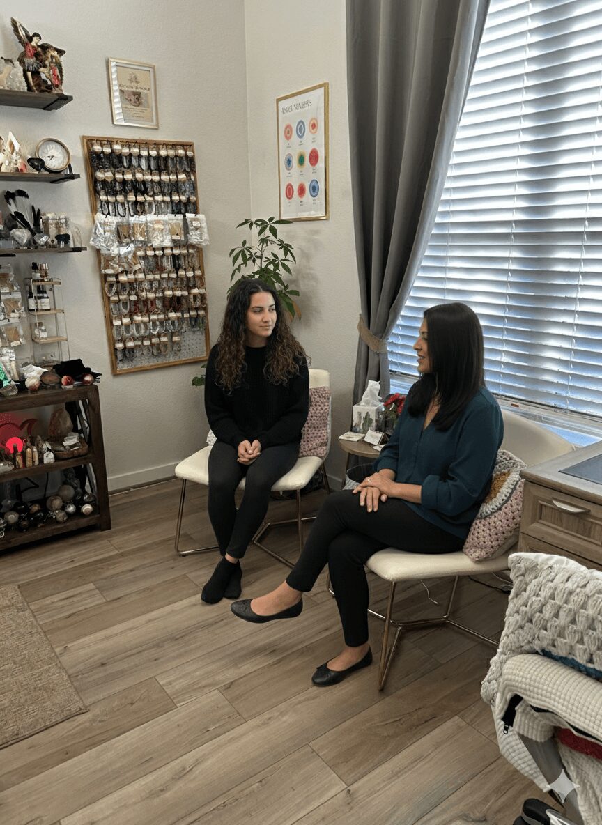 Two women sit and converse in a room with shelves, plants, and large window with curtains.