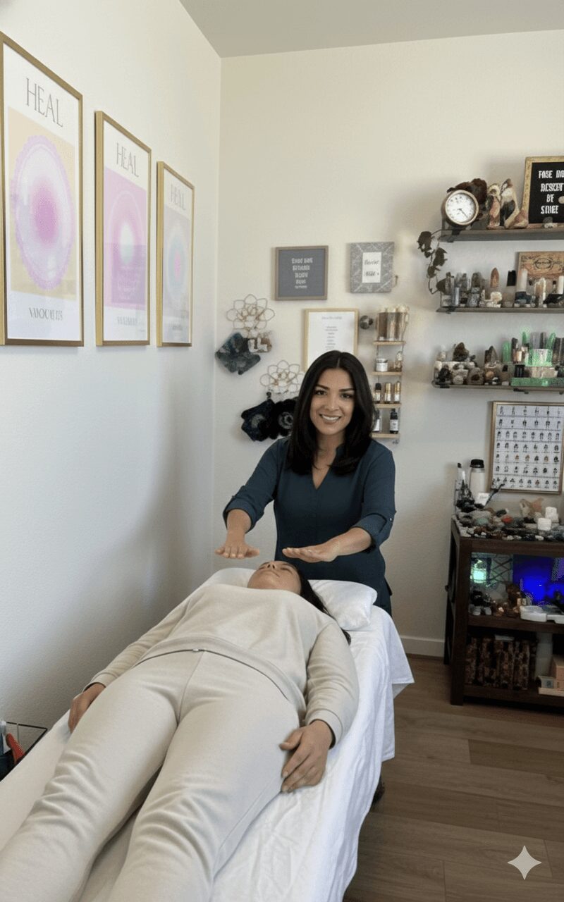 Woman smiling and performing a facial treatment on a person lying on a bed in a spa room.