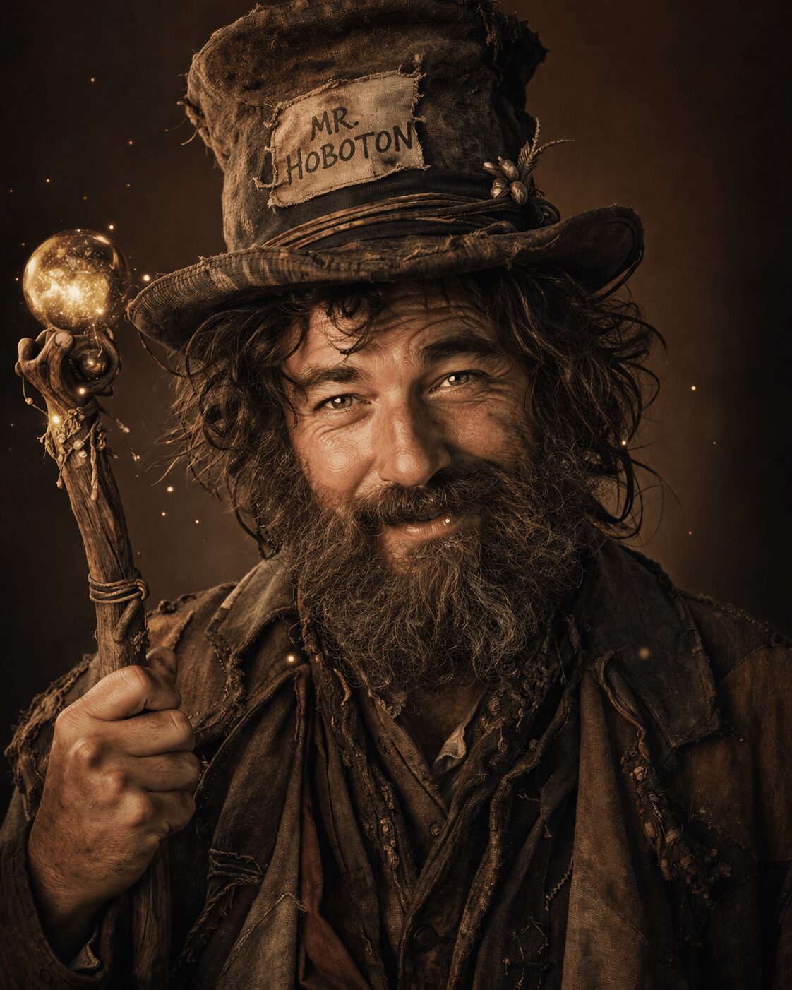 Man with a beard and curly hair wearing a tall, worn hat labeled 'Mr. HoboBoton' and holding a staff with a glowing orb.