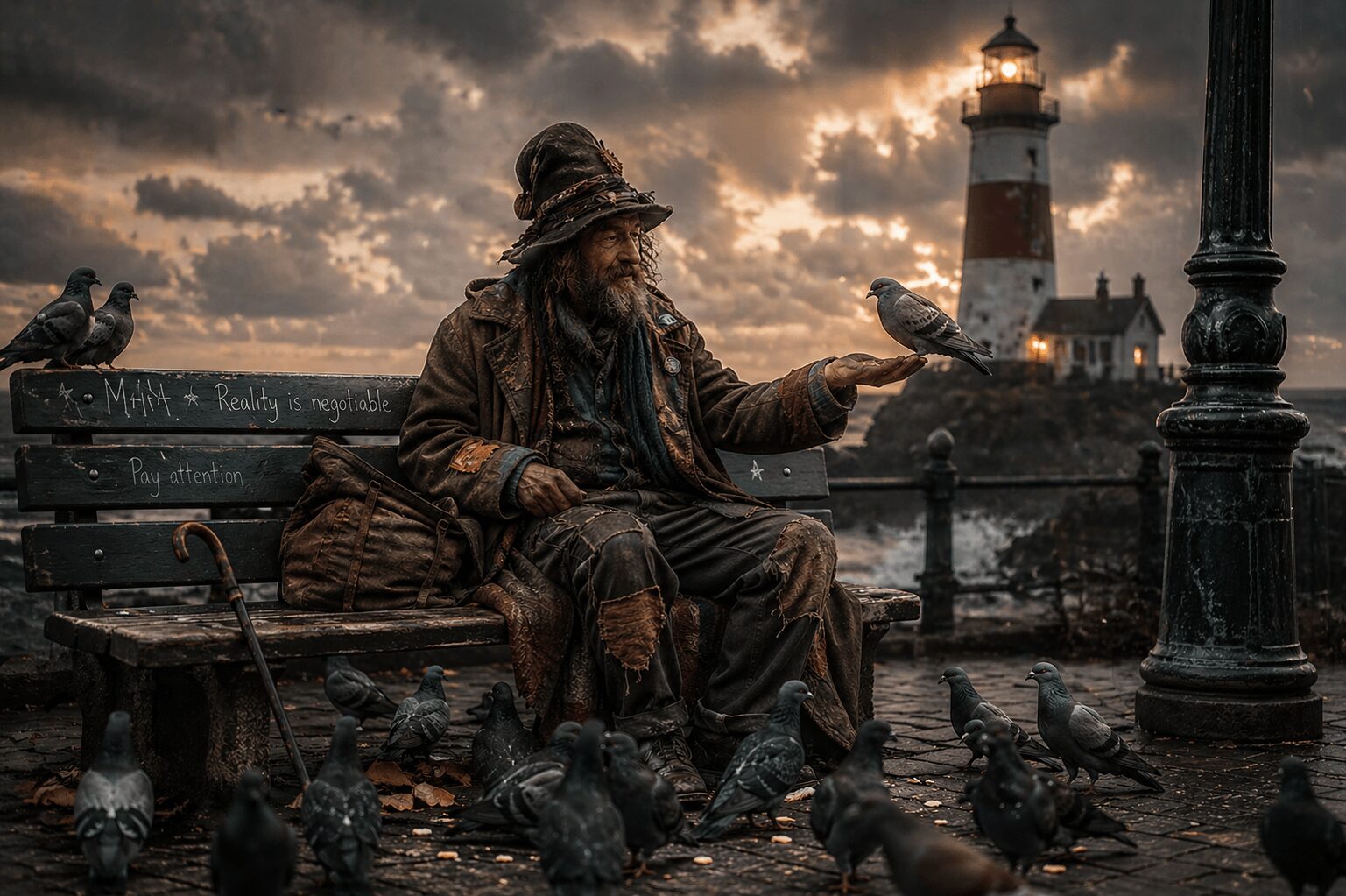 A man sitting on a park bench feeding pigeons with a lighthouse in the background during sunset.