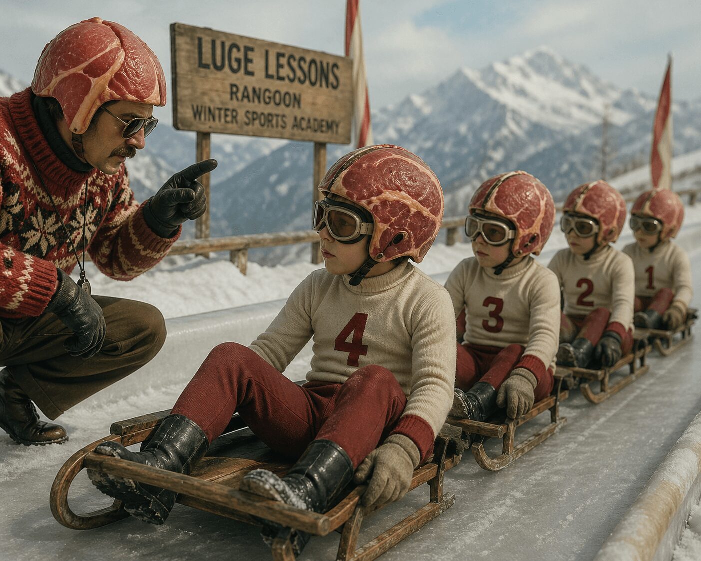 Children in vintage winter sports gear sit on a sled in snowy mountains, listening to an instructor.
