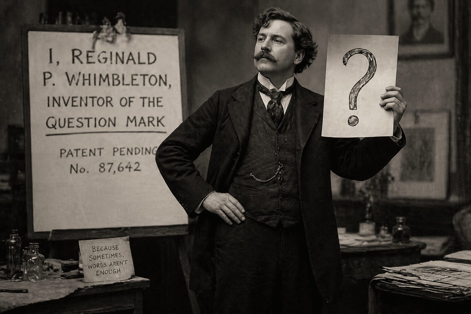Man with mustache and curly hair holding a sign with a question mark, standing in a room with papers and a board.