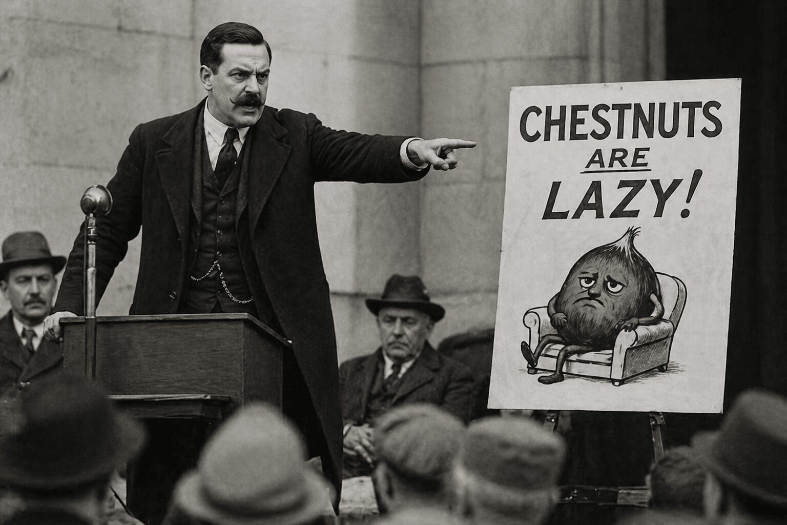 Man in suit points at a sign reading 