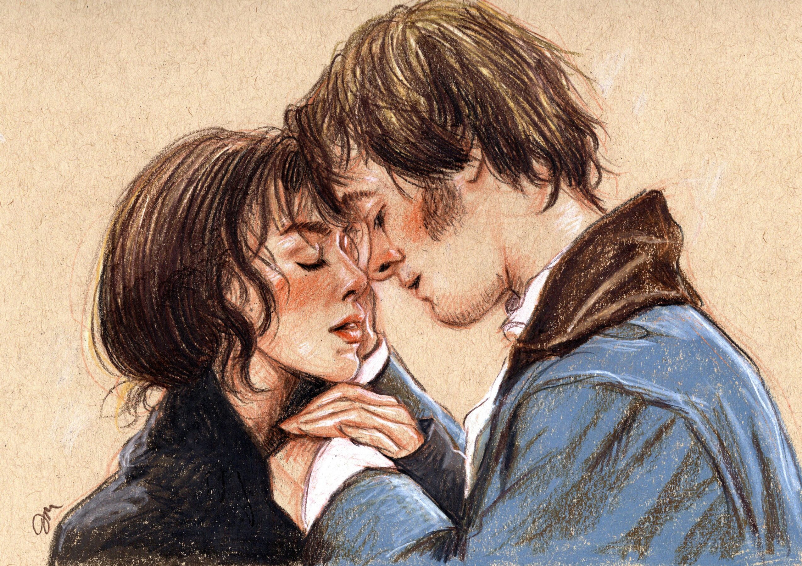 Two people with closed eyes and touching foreheads, holding hands gently, in an intimate pose.