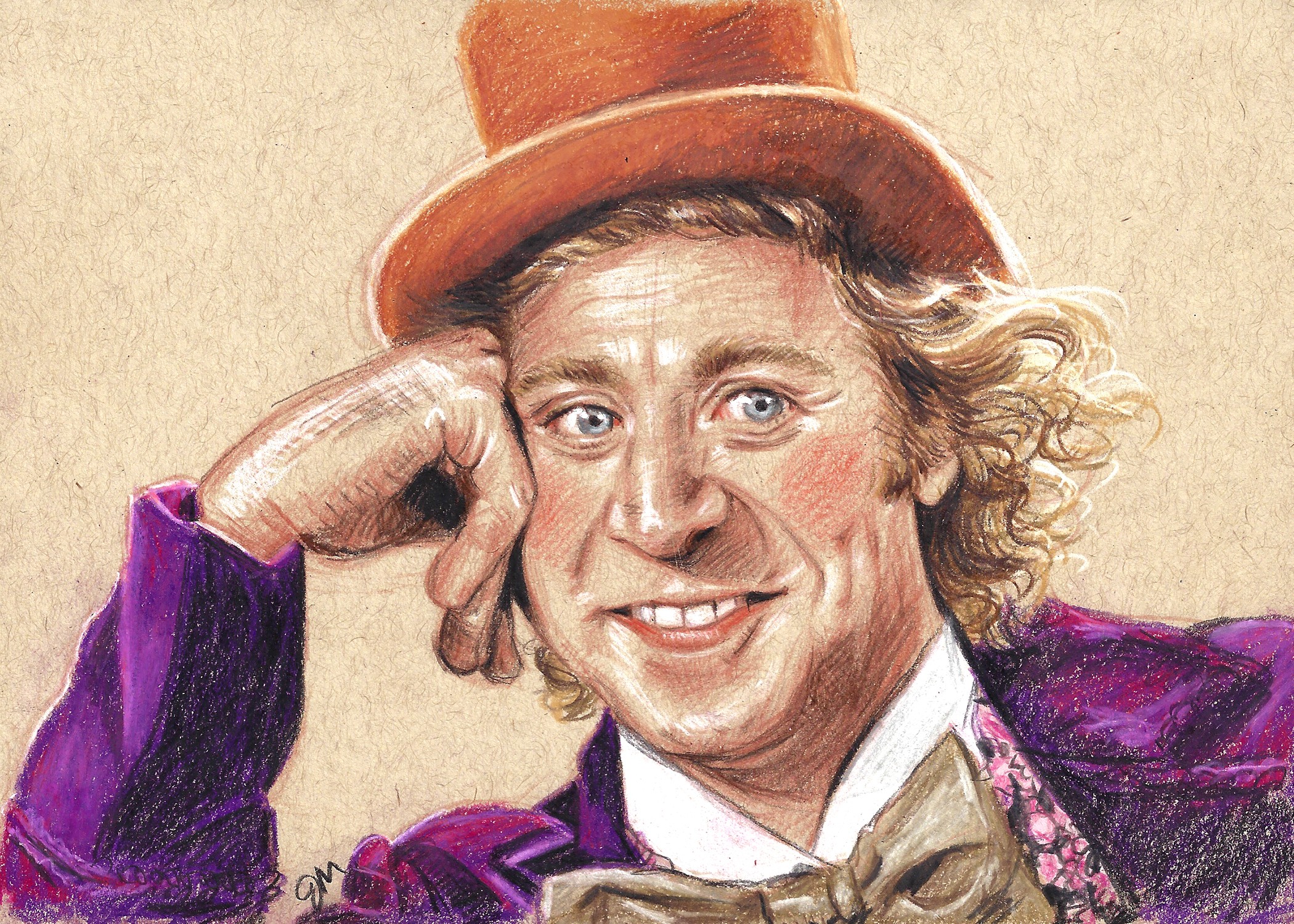Portrait of a man with curly hair wearing a top hat, purple jacket, and bow tie, smiling with his hand on his face.