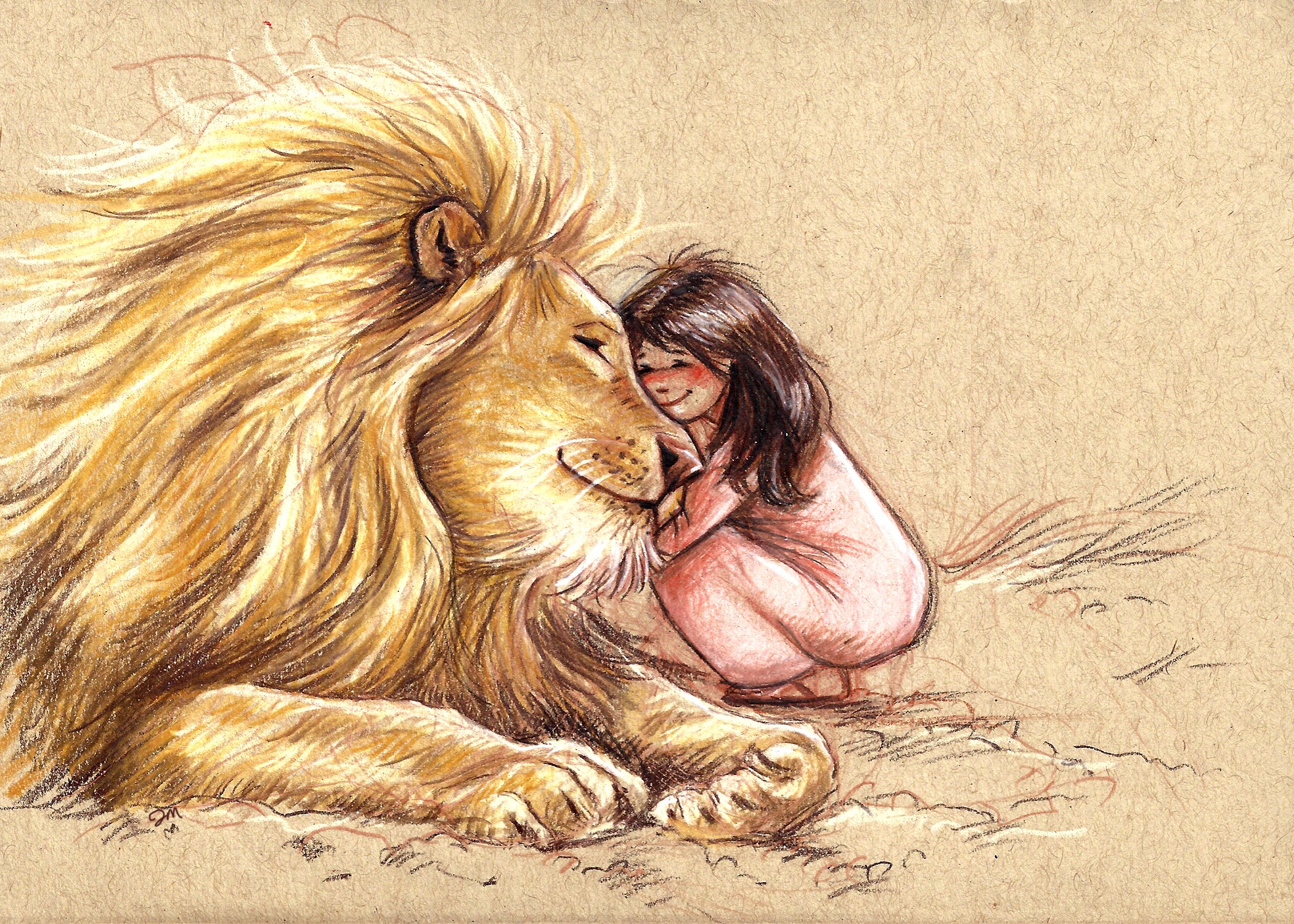 Young girl hugging a large lion lying on the ground, both with eyes closed, in a gentle scene.
