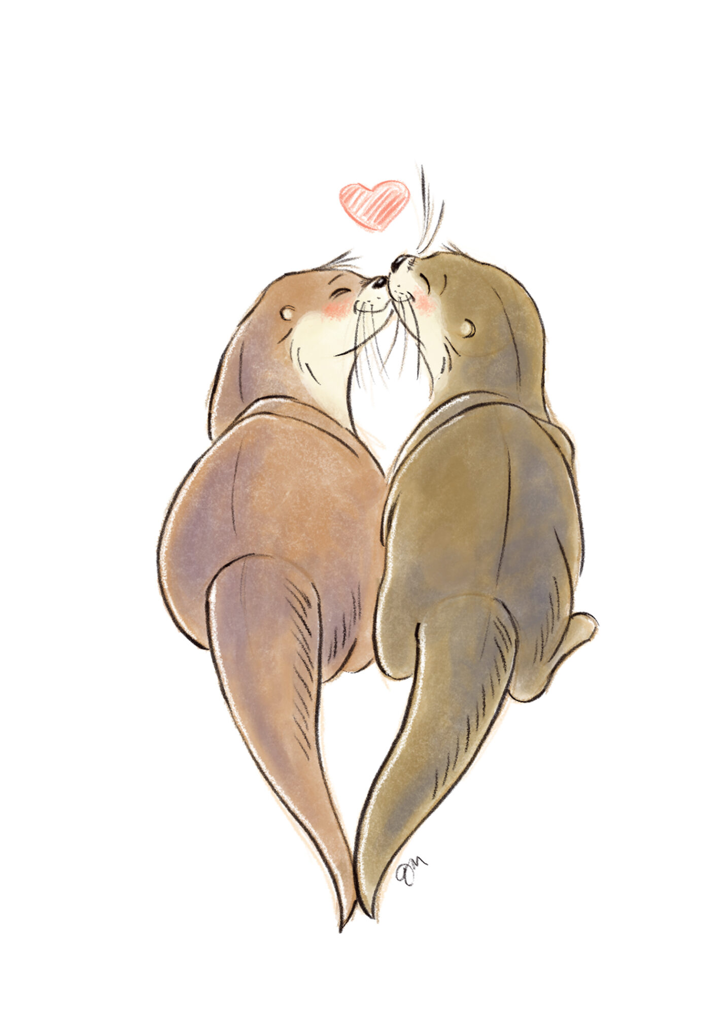 Two otters face each other with a heart above their heads, touching noses, on a white background.