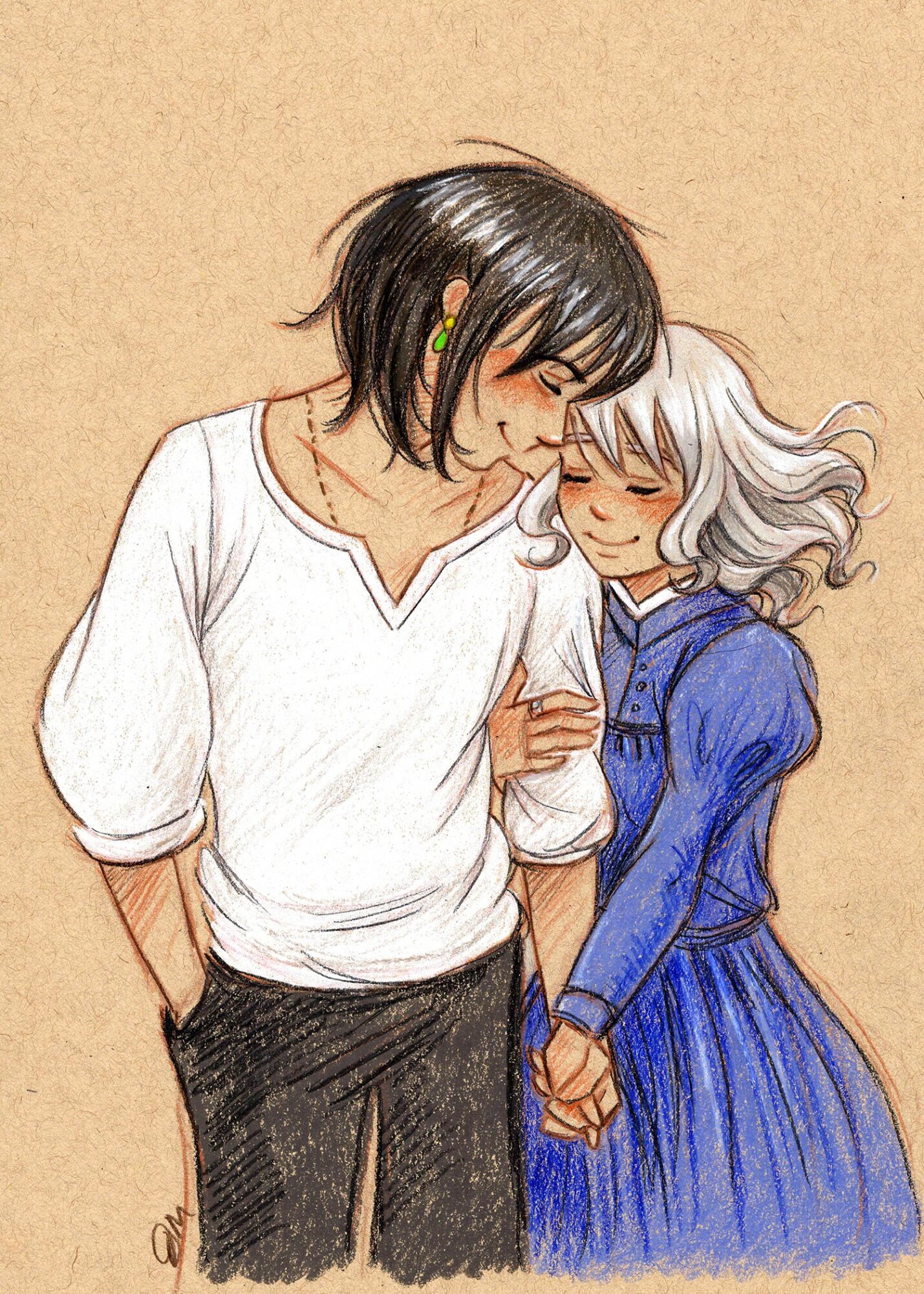 Two young girls with closed eyes, holding hands and leaning their foreheads together, against a plain background.