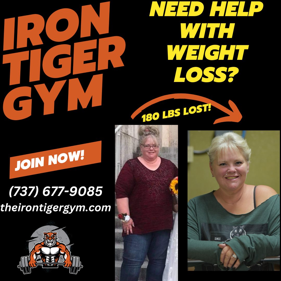 Before and after photos of a woman, promoting weight loss at Iron Tiger Gym, with text about help and contact info.