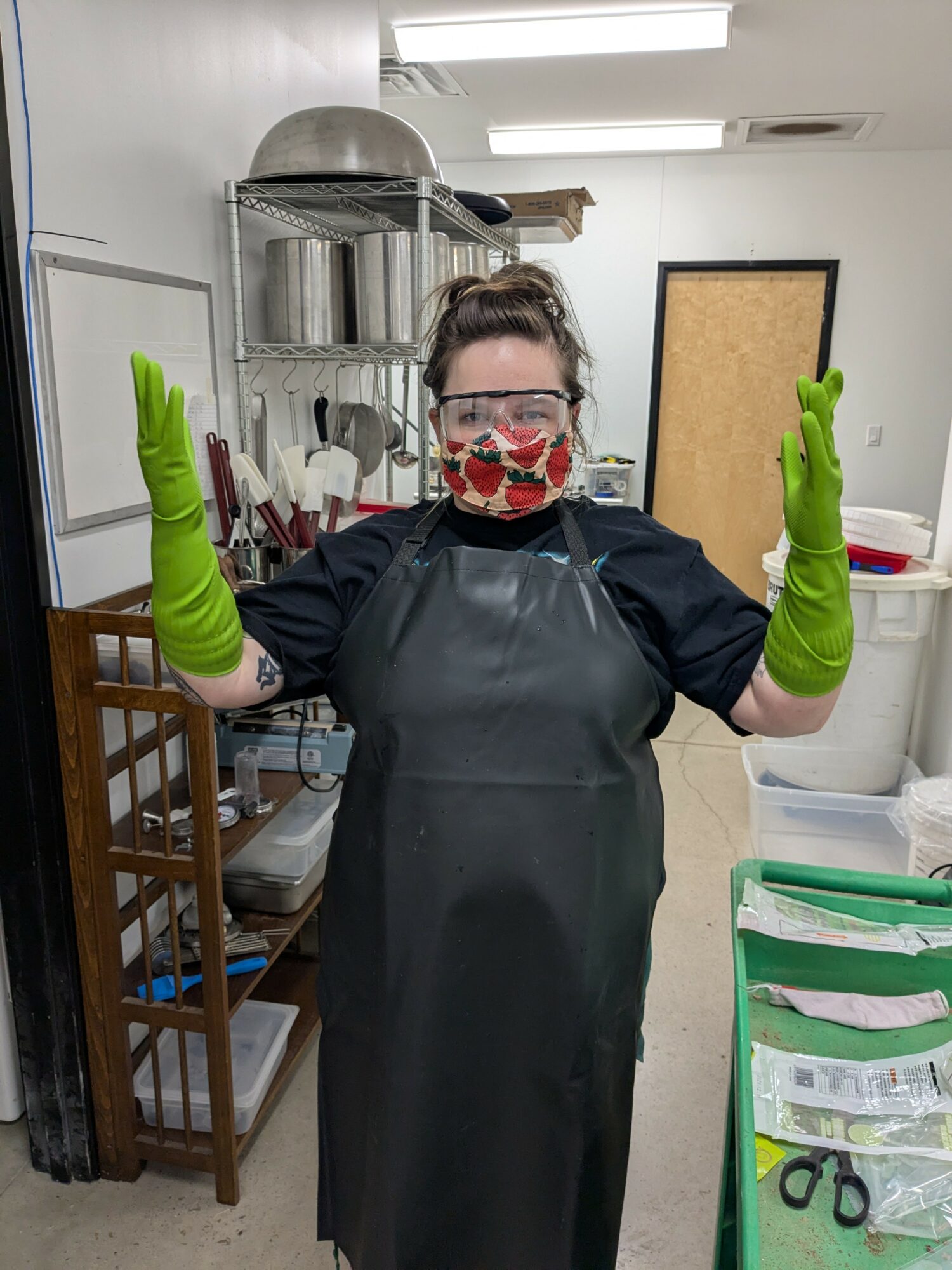 Person wearing a black apron, green gloves, and a floral face mask, standing in a room with cleaning supplies and equipment.