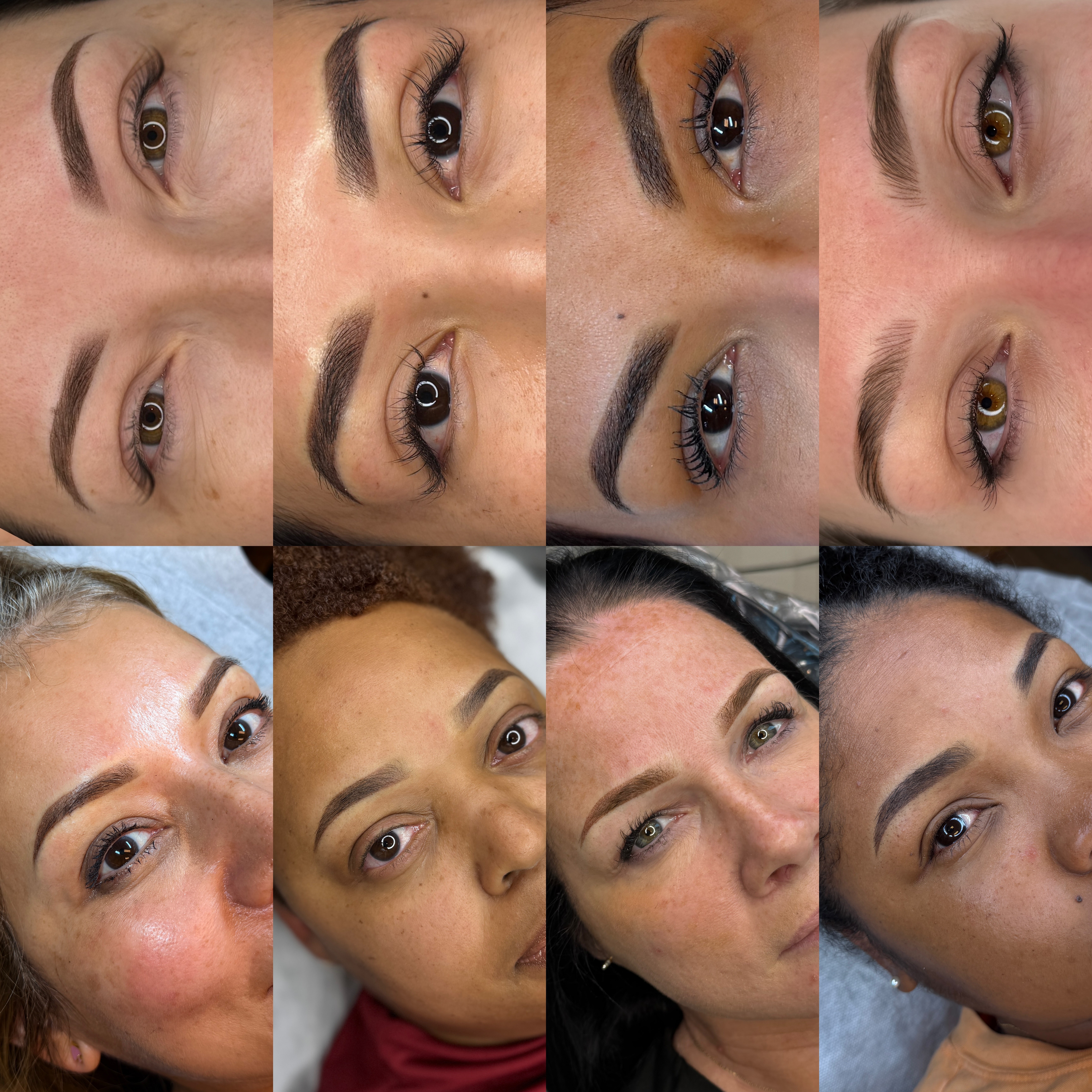 Eight close-up images of women's eyes and faces showing different makeup and skin conditions, arranged in two rows.