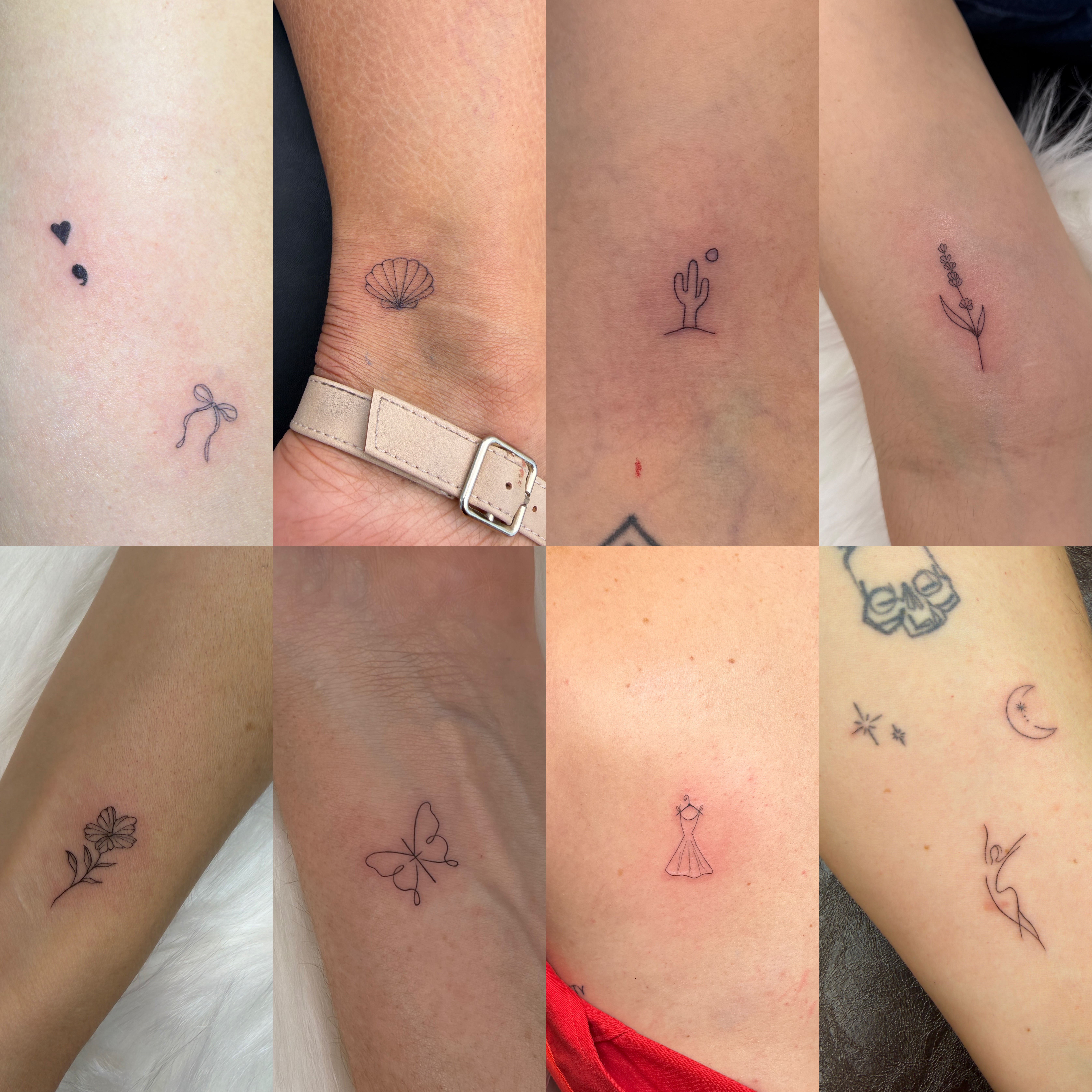Collection of small, simple tattoos on skin, including hearts, a shell, a cactus, a flower, a butterfly, a dress, and stars.