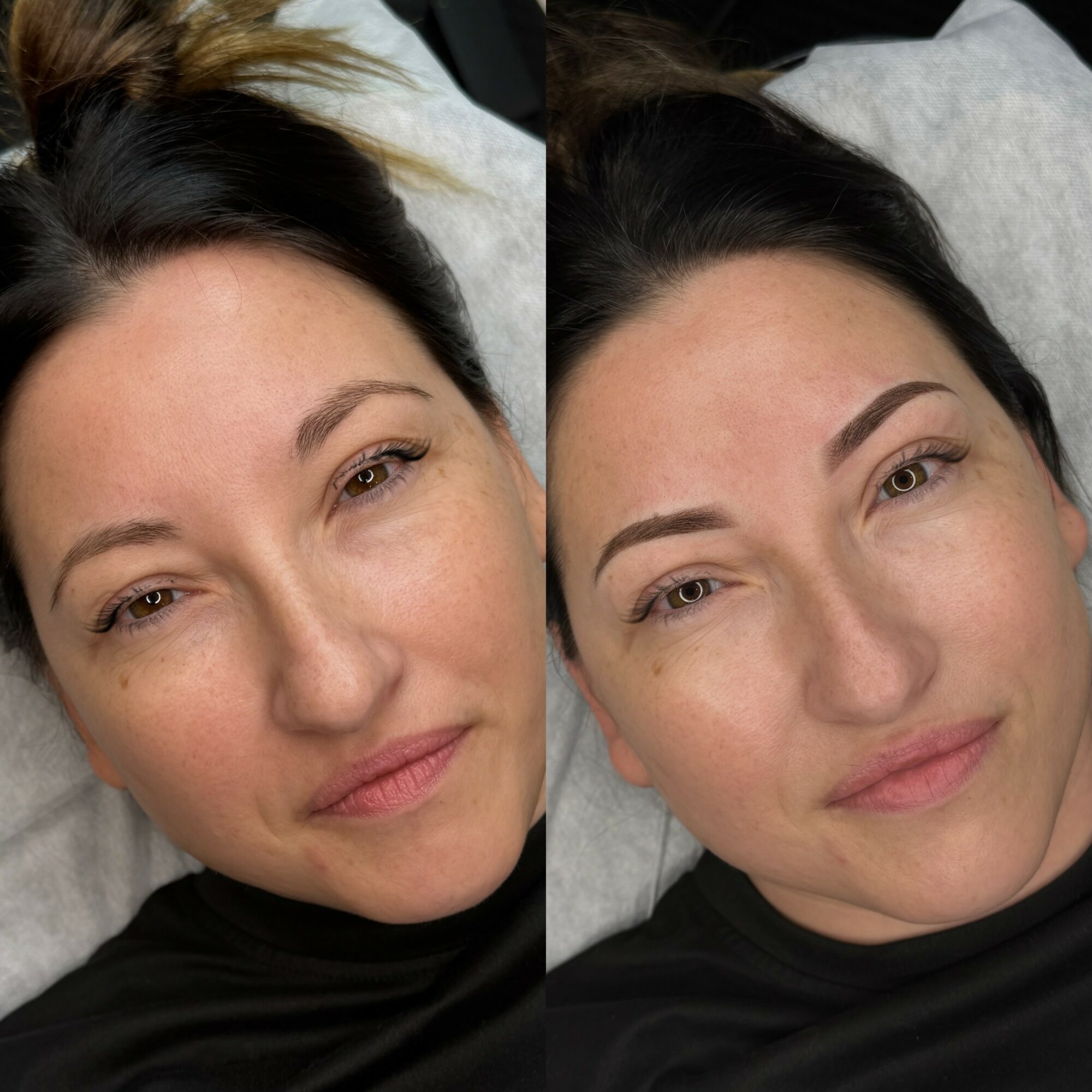Side-by-side images of a woman with dark hair, showing her face before and after skincare, with clear skin and relaxed expression.