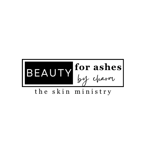 Logo with text 'BEAUTY for ashes by charm the skin ministry' in black and white, with a rectangular border.