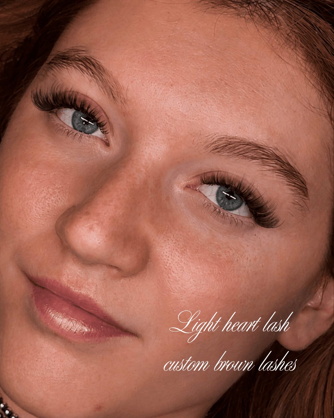 Close-up of a woman's face showing blue eyes, long eyelashes, and light makeup, with text about eyelash styles.