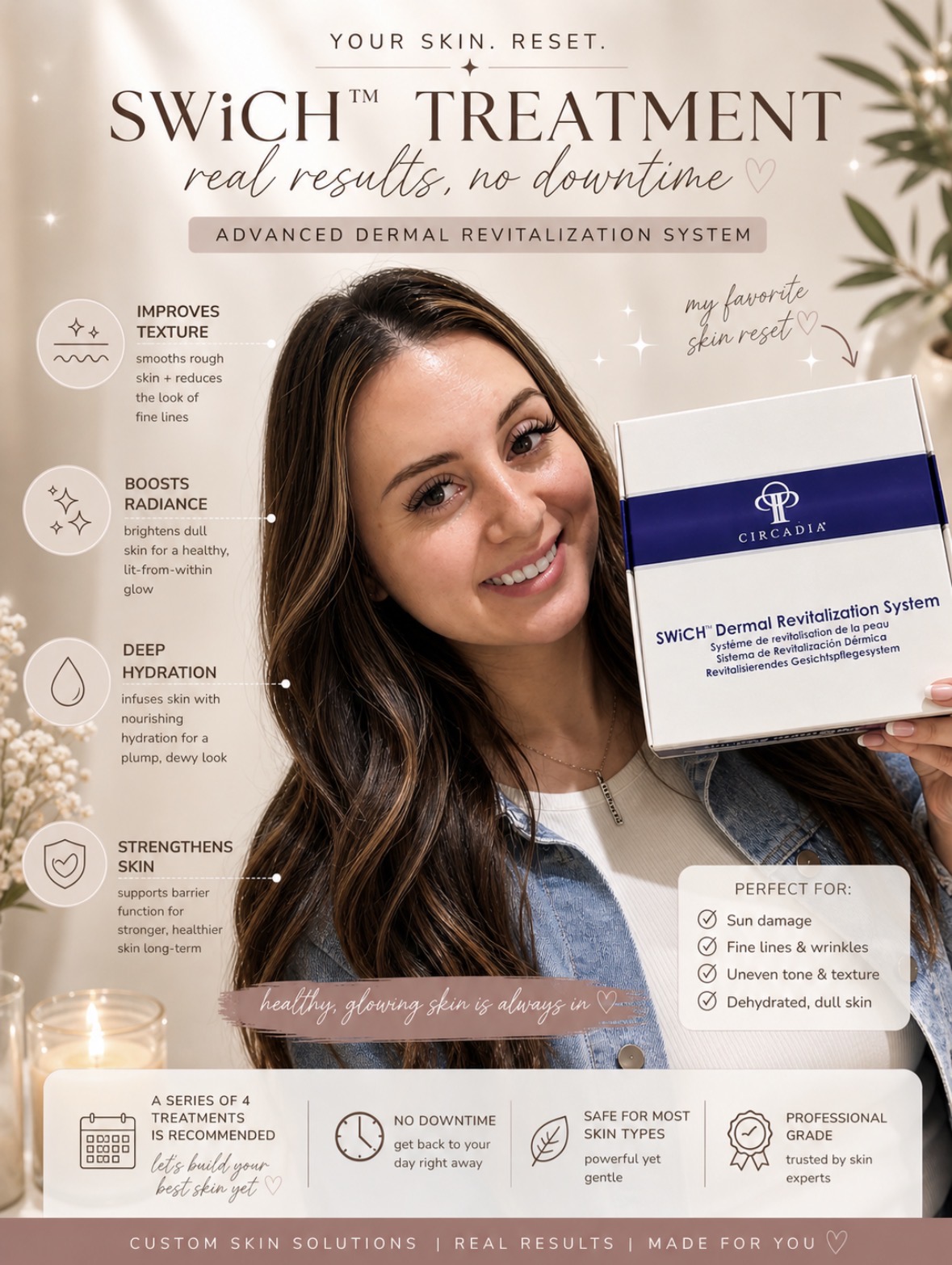 Smiling woman holding a box of SWICH TREATMENT skincare product, with promotional poster in background.