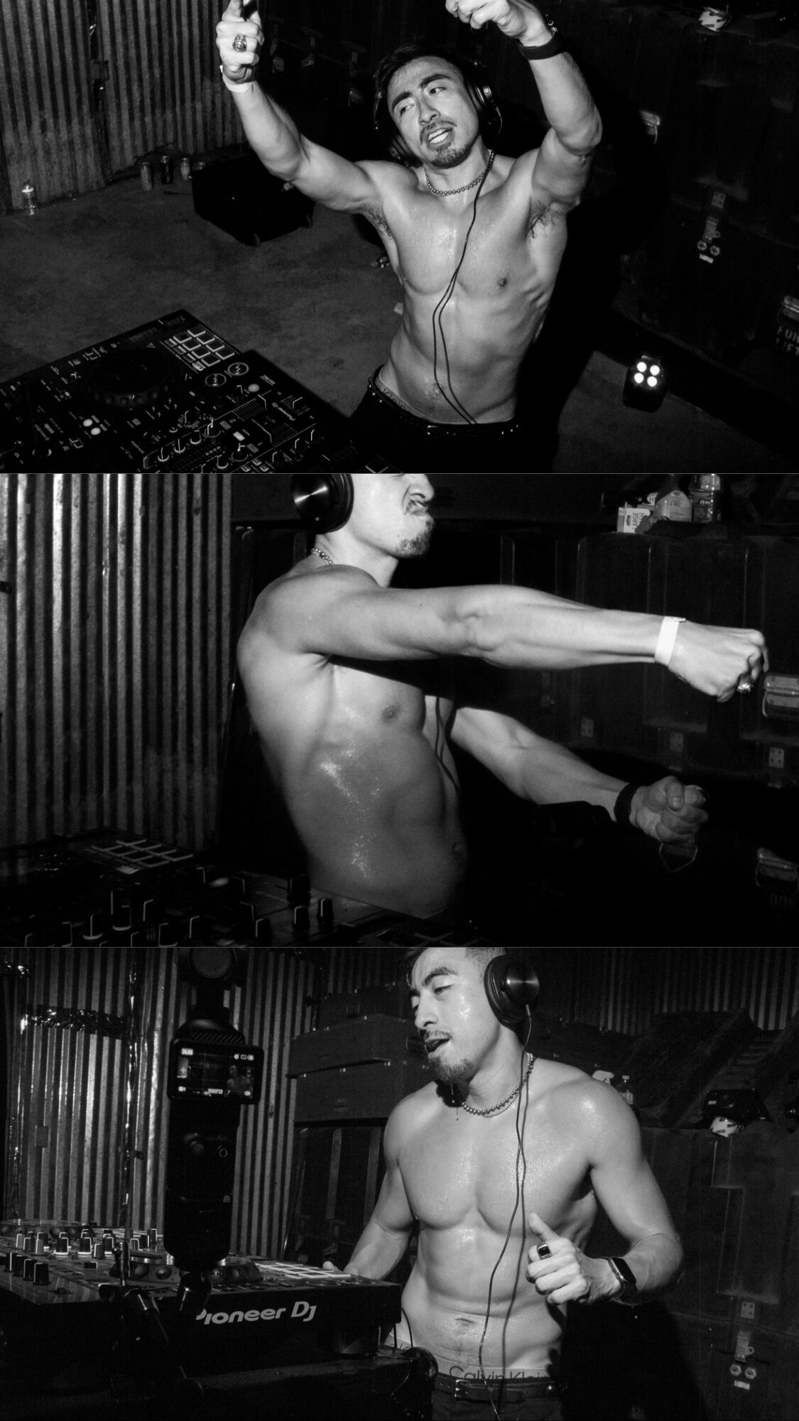 Three shirtless men with headphones in a club, one with arms raised, one extending an arm, and one with a microphone.