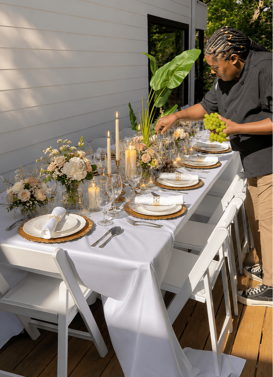 Person arranging a table with floral centerpieces and candles outdoors, set for a meal, with white chairs and tablecloth.