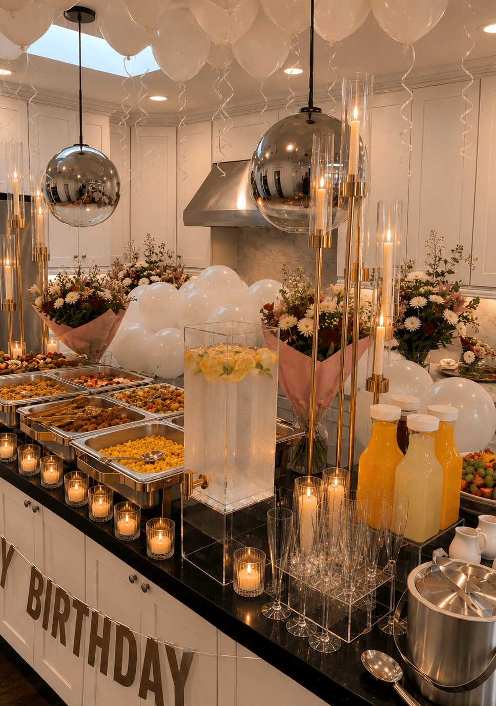 Decorated birthday celebration table with flowers, candles, balloons, and food, in a well-lit room with hanging lights and metallic decorations.