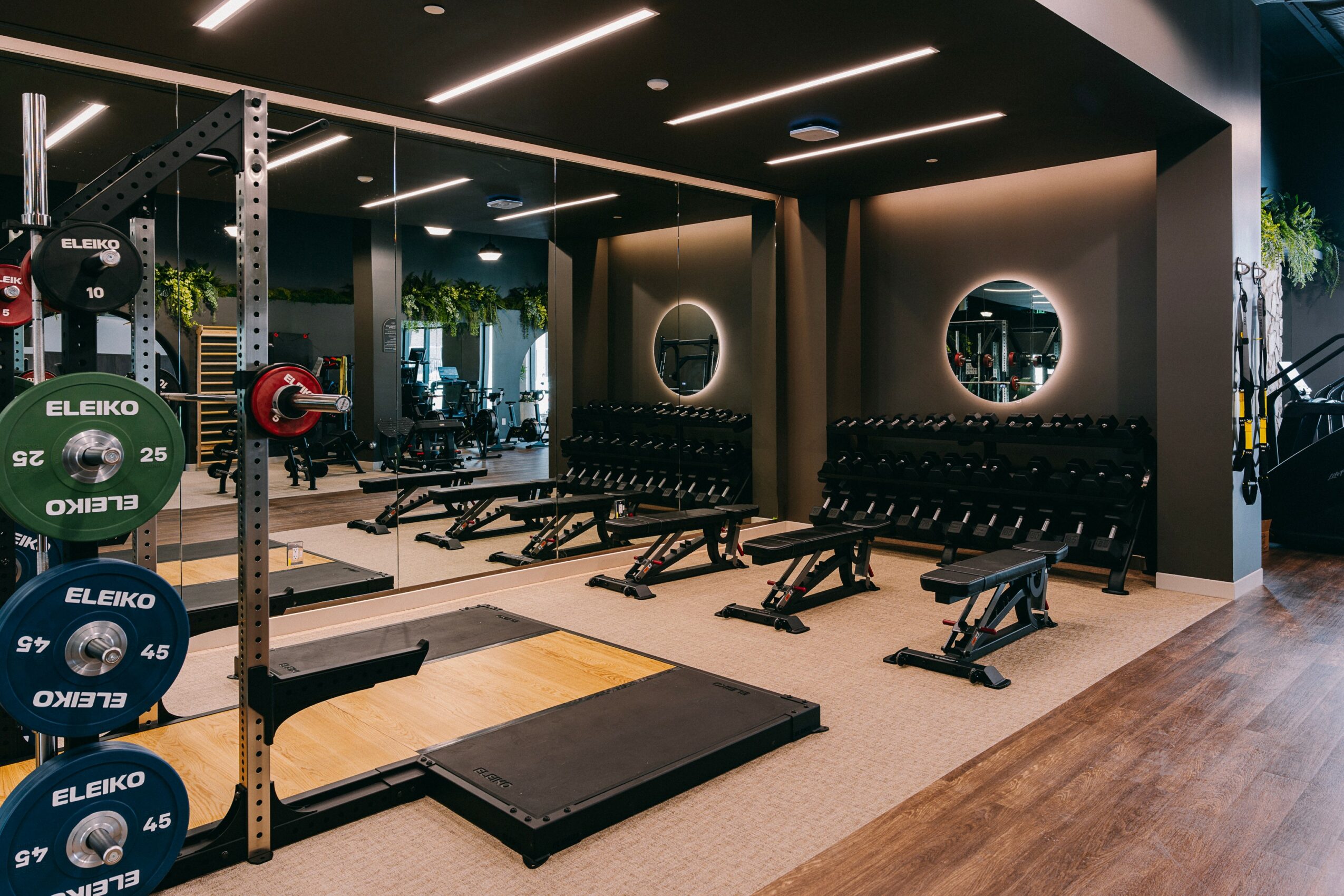 Gym with weight racks, benches, mirrors, and black walls, illuminated by ceiling lights, with wooden flooring.