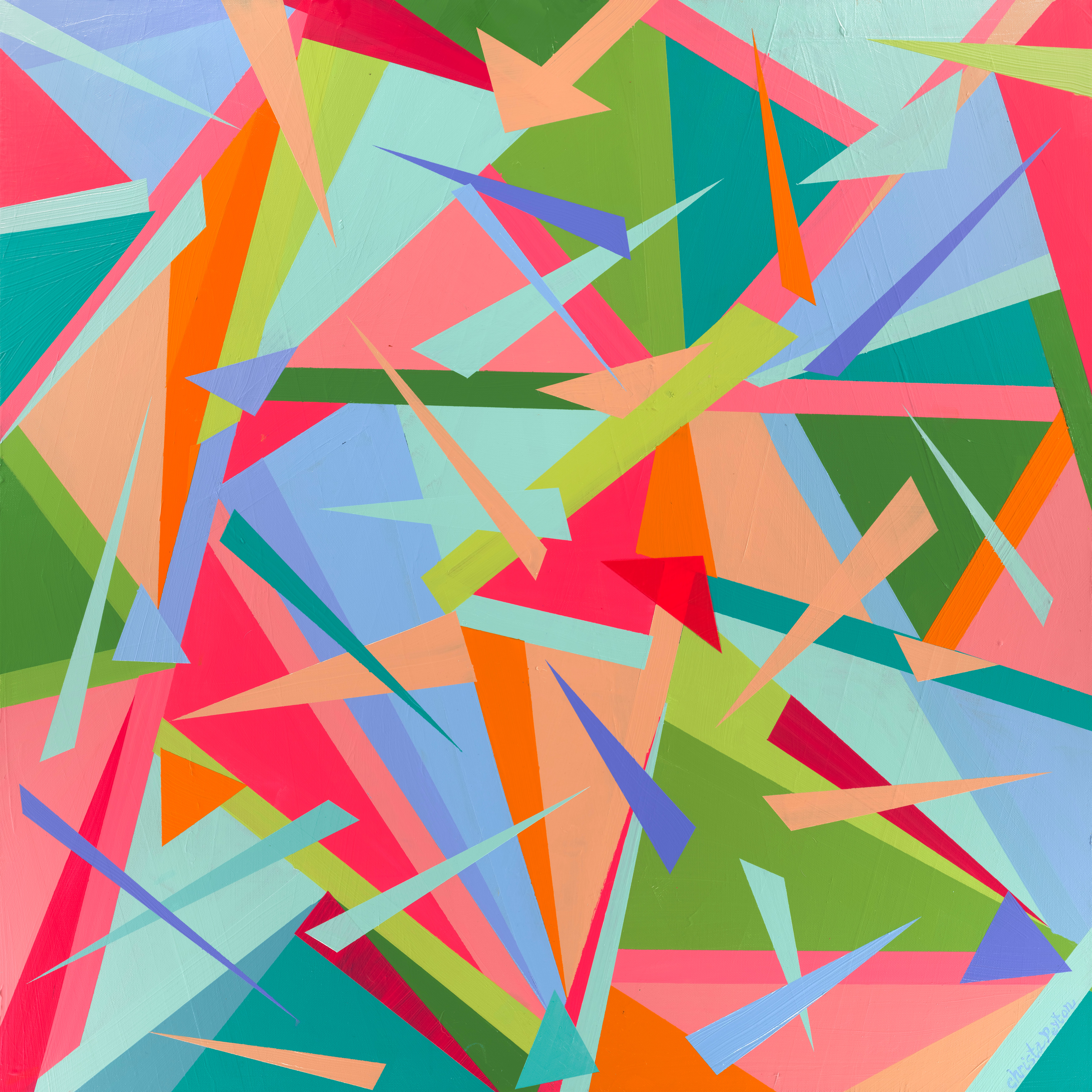 Abstract colorful geometric shapes overlapping in various directions and sizes.