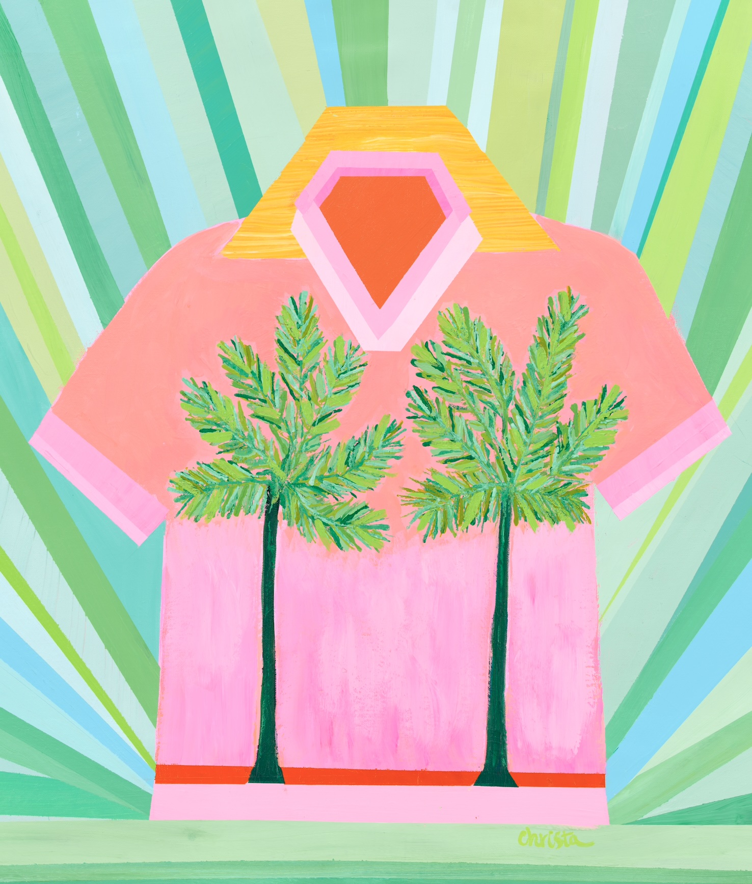 Colorful abstract painting of a pink shirt with two green palm trees, a red stripe, and a geometric background.