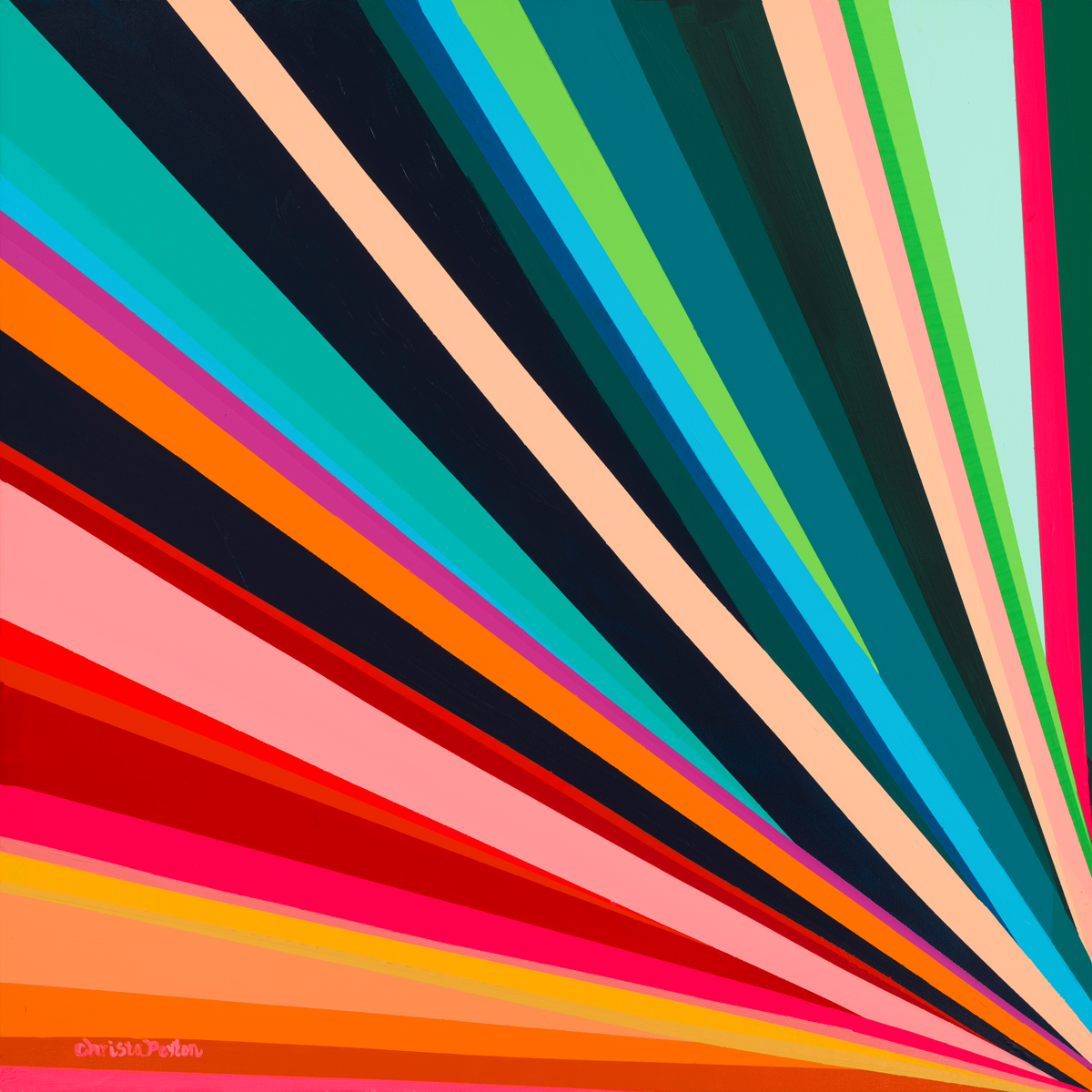 Colorful diagonal stripes radiate from a point, creating a vibrant pattern with various shades and widths.
