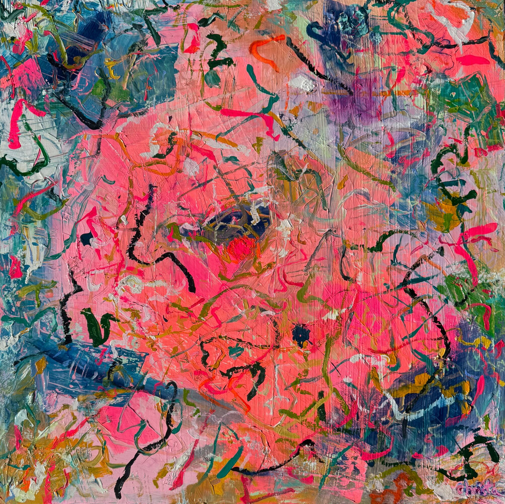 Abstract painting with pink, blue, green, and black brushstrokes and lines, creating a vibrant, chaotic composition.