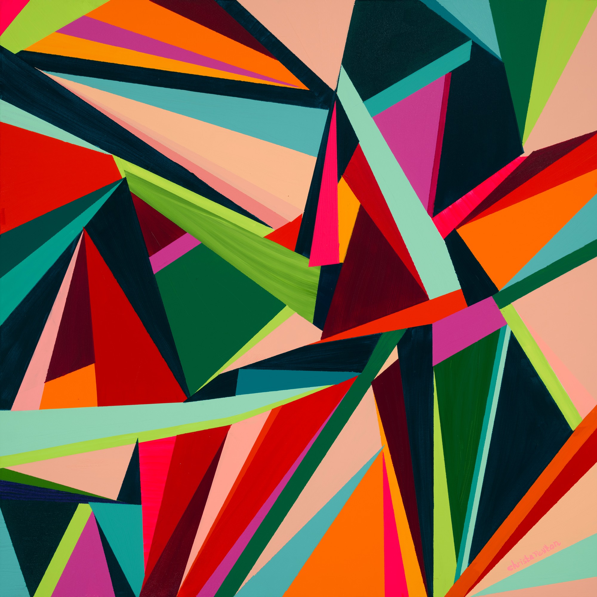 Abstract geometric pattern with colorful triangles and shapes in various shades of red, green, pink, orange, and blue.