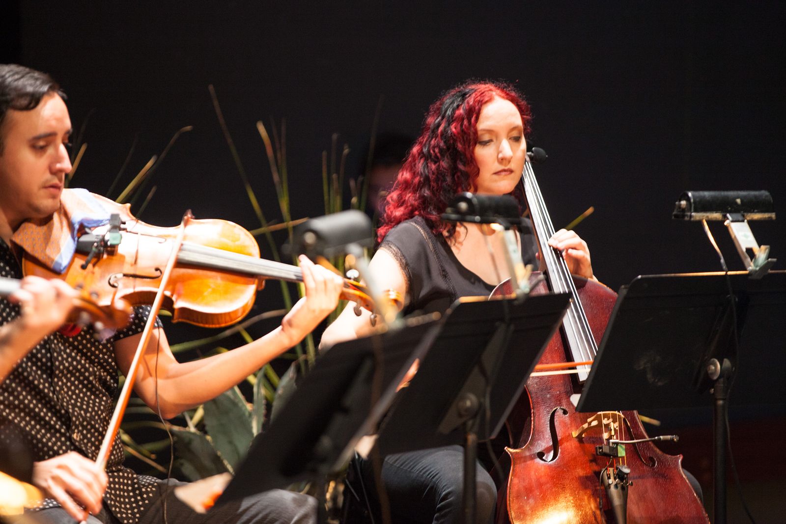 Two women playing string instruments during a performance, with music stands and a dark background.