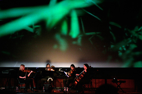 Four musicians playing string instruments on stage with a green abstract background, dim lighting, and empty chairs.