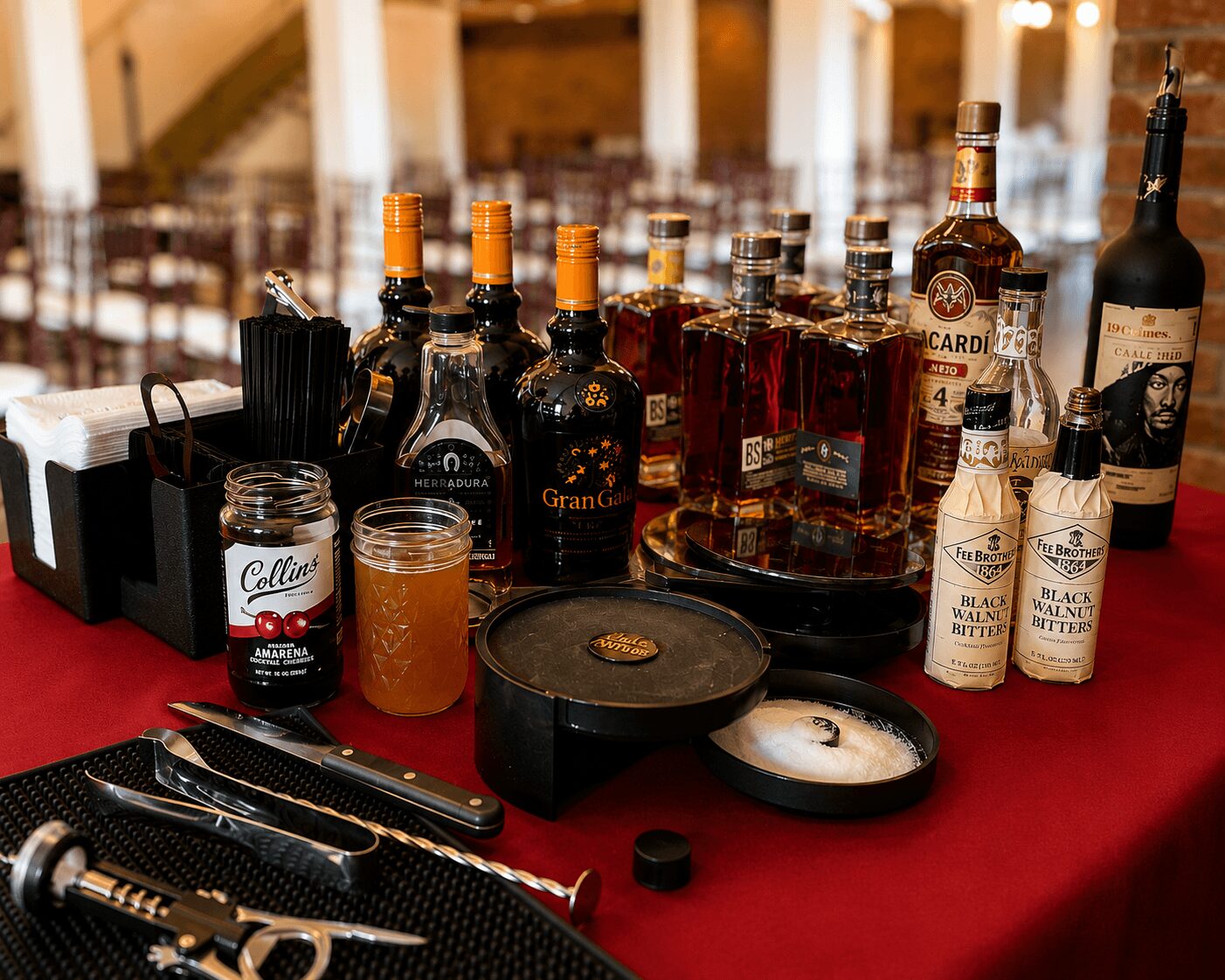 Bar setup with various bottles of alcohol, glasses, and bar tools on a red tablecloth, in a room with chairs and wooden walls.