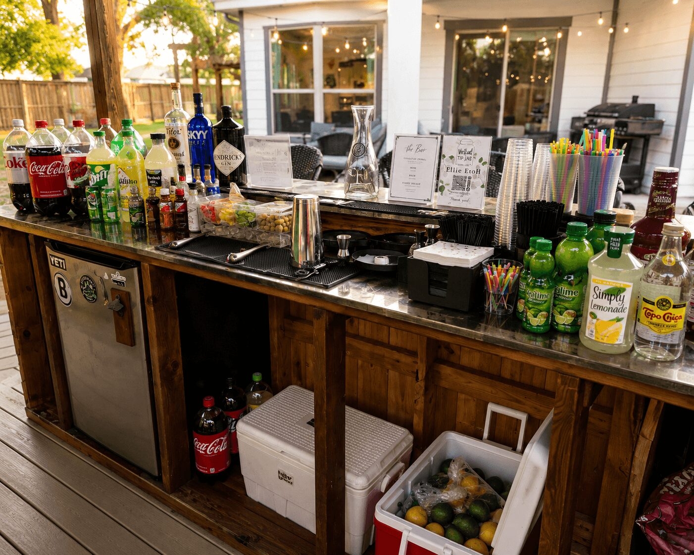 Bar with bottles, cups, and supplies on a wooden counter outside, with a patio and trees in the background.
