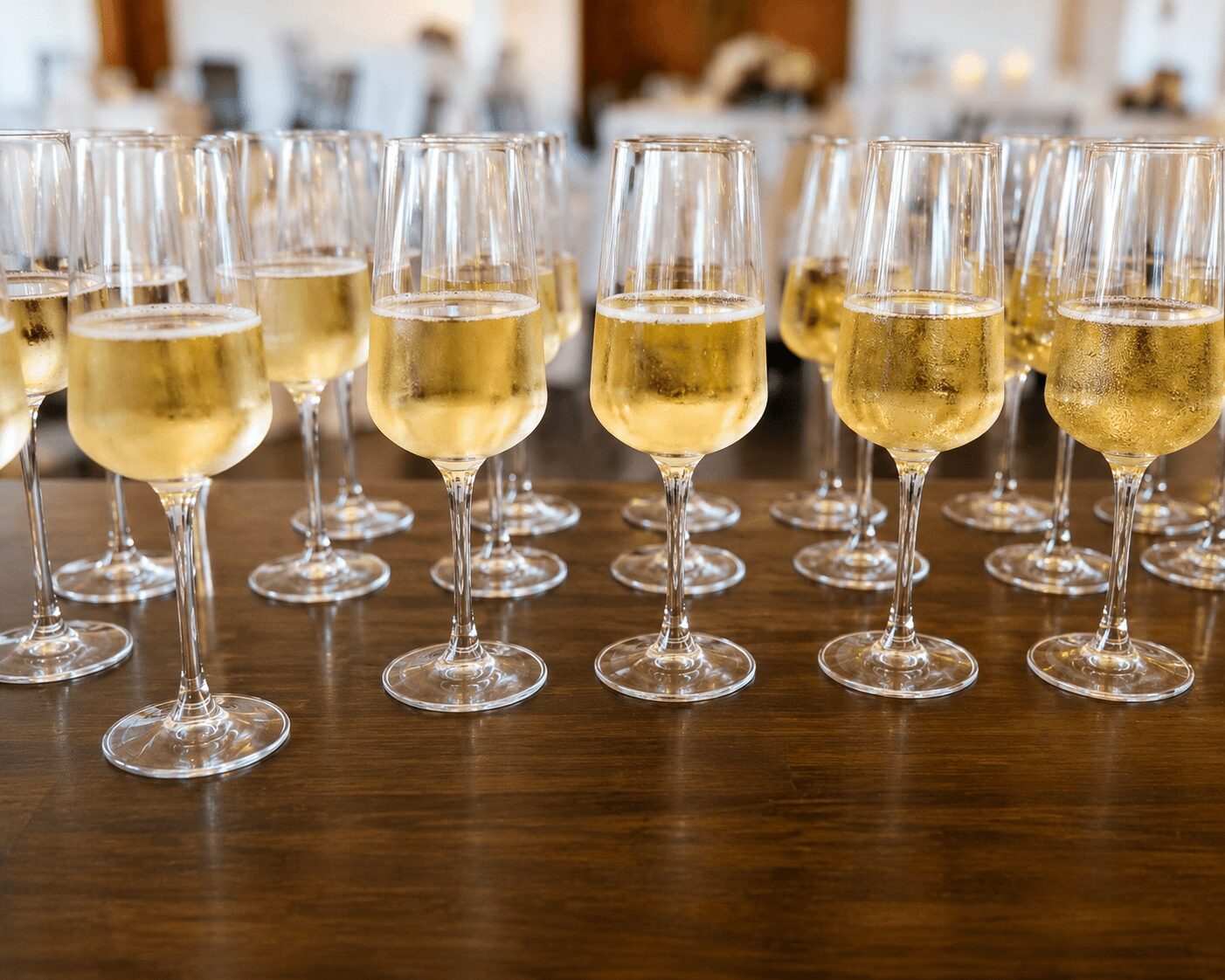 Multiple glasses of champagne on a wooden table, filled with bubbly, in a bright room.