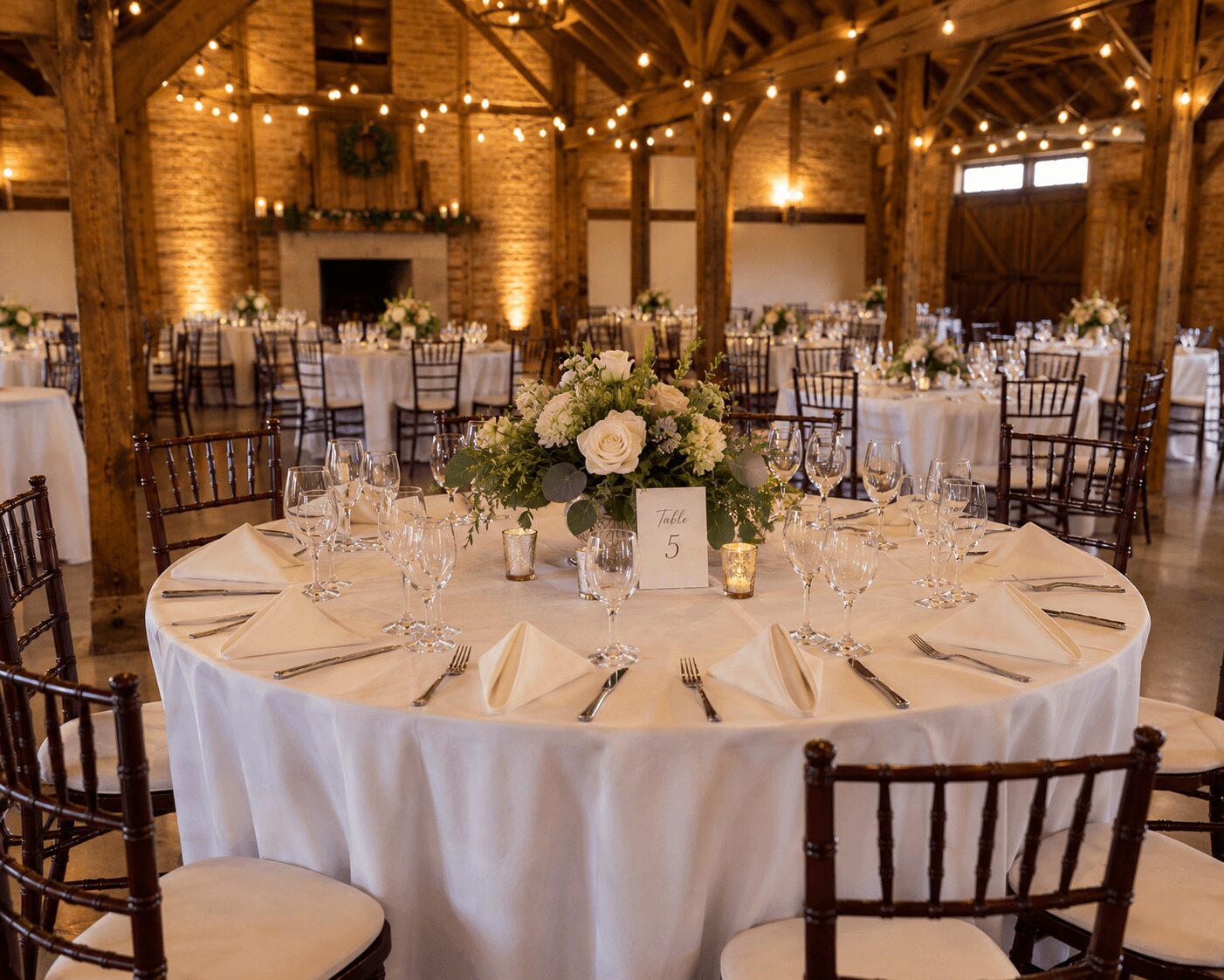 Round table with white tablecloth, floral centerpiece, candles, and place settings in a rustic event space.