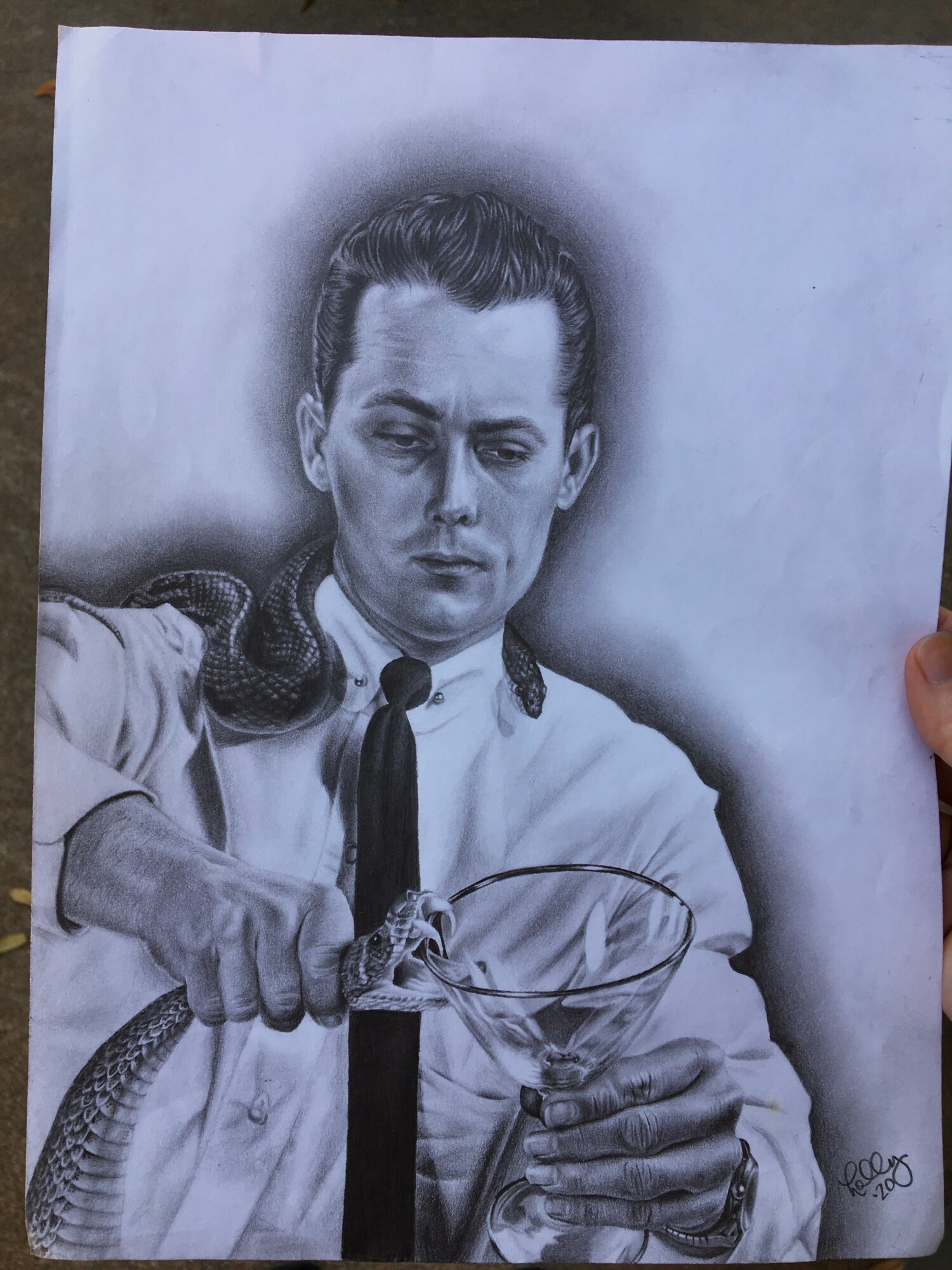 Drawing of a man with a snake on his shoulder, holding a glass, in black and white.