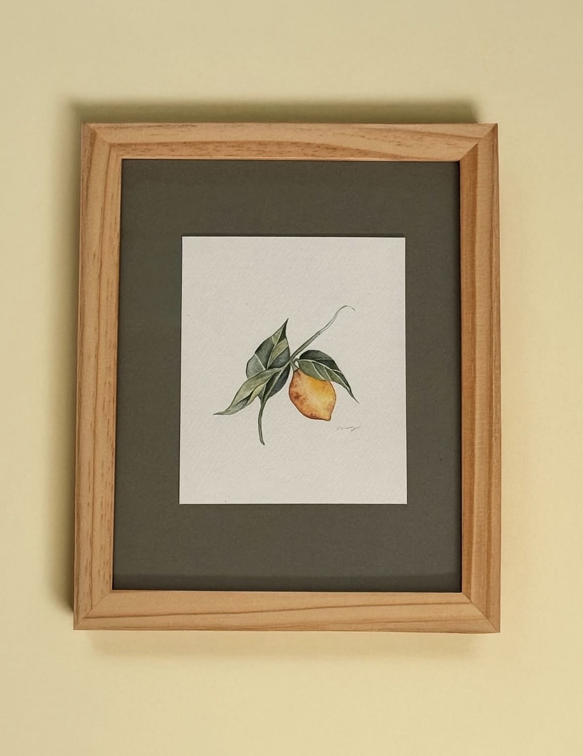 Framed botanical illustration of a lemon with leaves on a white background, hanging on a light-colored wall.